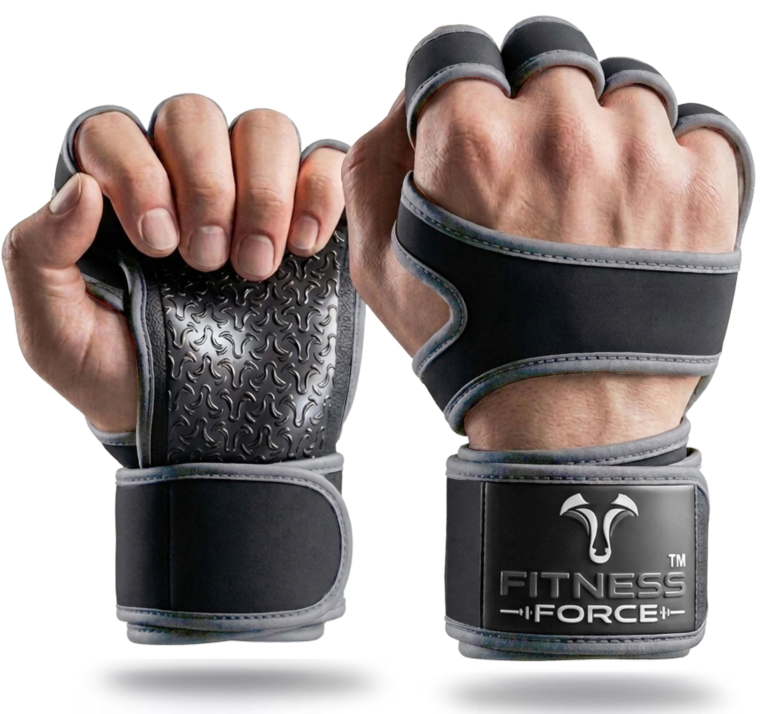 FITNESS FORCE Guantes de entrenamiento ventilados para hombres y mujeres con muñequeras integradas, guantes de gimnasio sin dedos para hombres, perfectos para ejercicio, fitness, levantamiento de