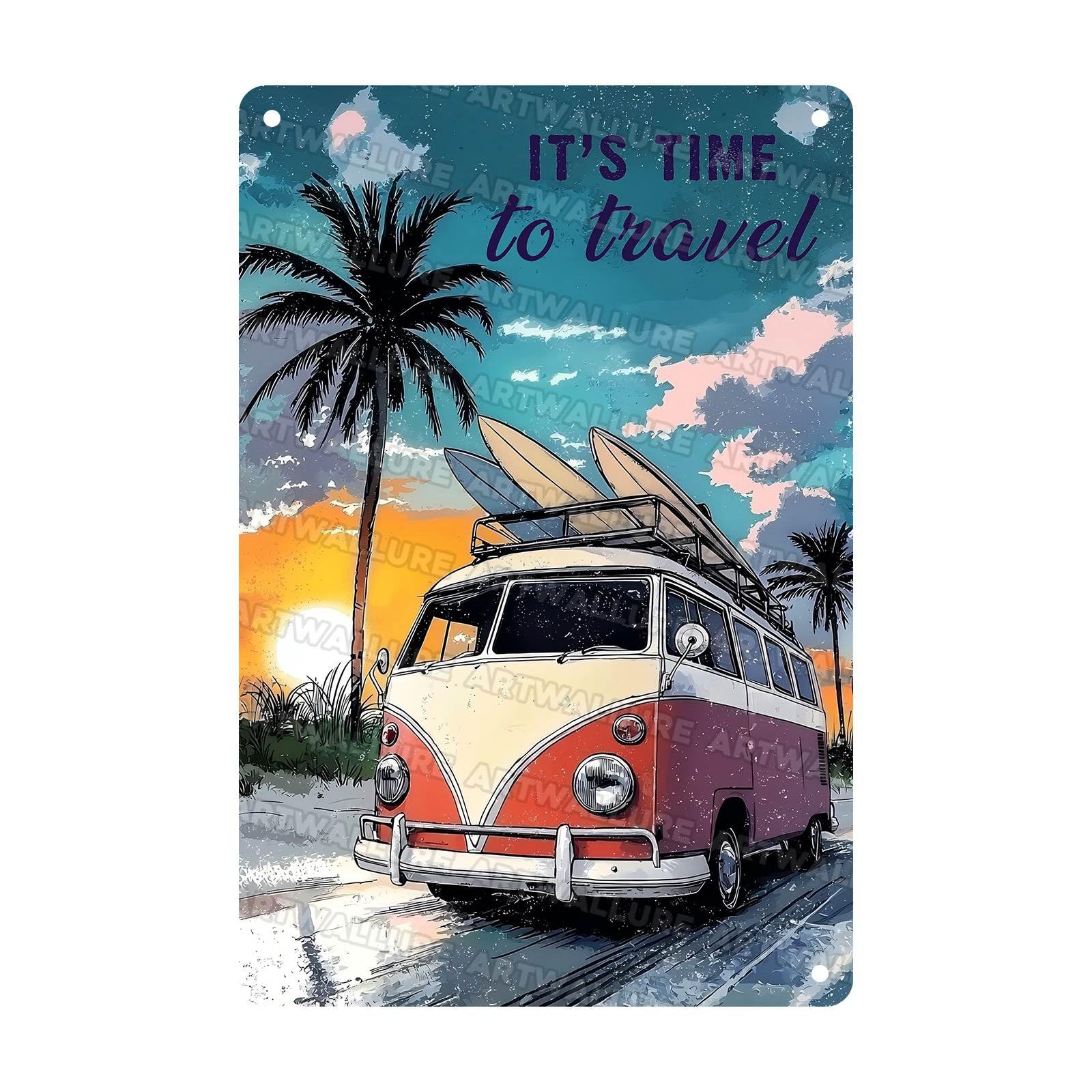 Beach Vintage Tin Sign It's Time to Travel Metal Sign for Cafes Restaurants Hotels Farmhouses Garden Gate Wall Plaque of Art Decoration 8x12Inch