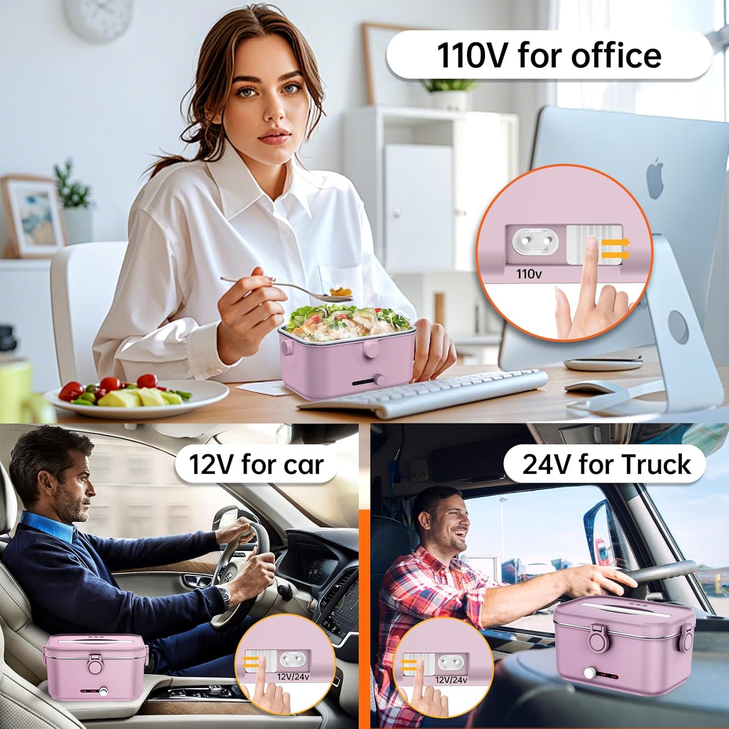 Heated Electric Lunch Box for Adults, 80W Portable Food Warmer with 1.8L Stainless Steel Container, Utensils, Carry Bag & Leakproof Lid, 12V/24V Car/Truck & 110/120V Home/Office (Light Pink)