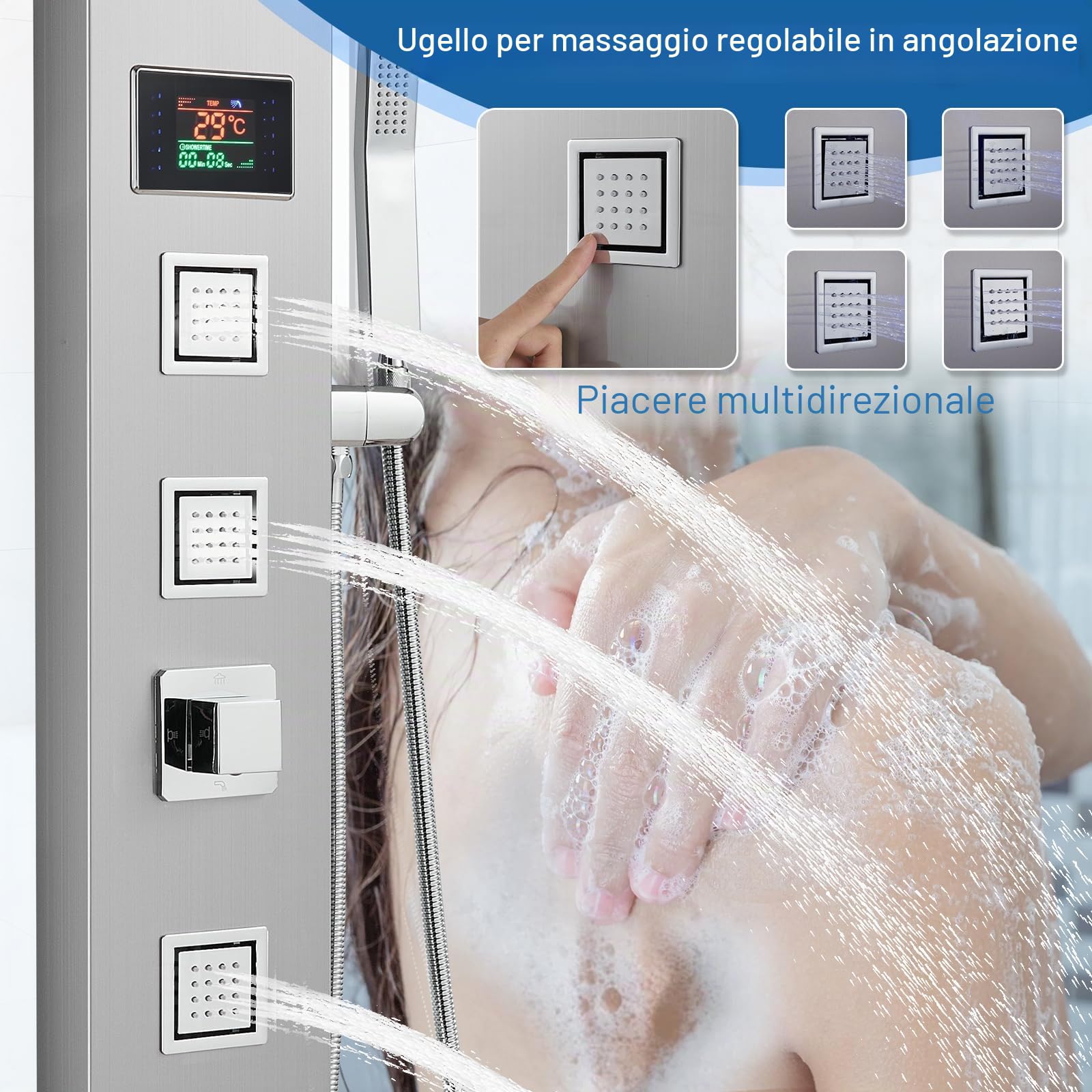 Pannello doccia a LED senza rubinetto, pannello doccia a 4 funzioni, con doccia a pioggia, 3 getti massaggianti, doccetta e beccuccio per vasca da bagno, colonna doccia in acciaio inox 304