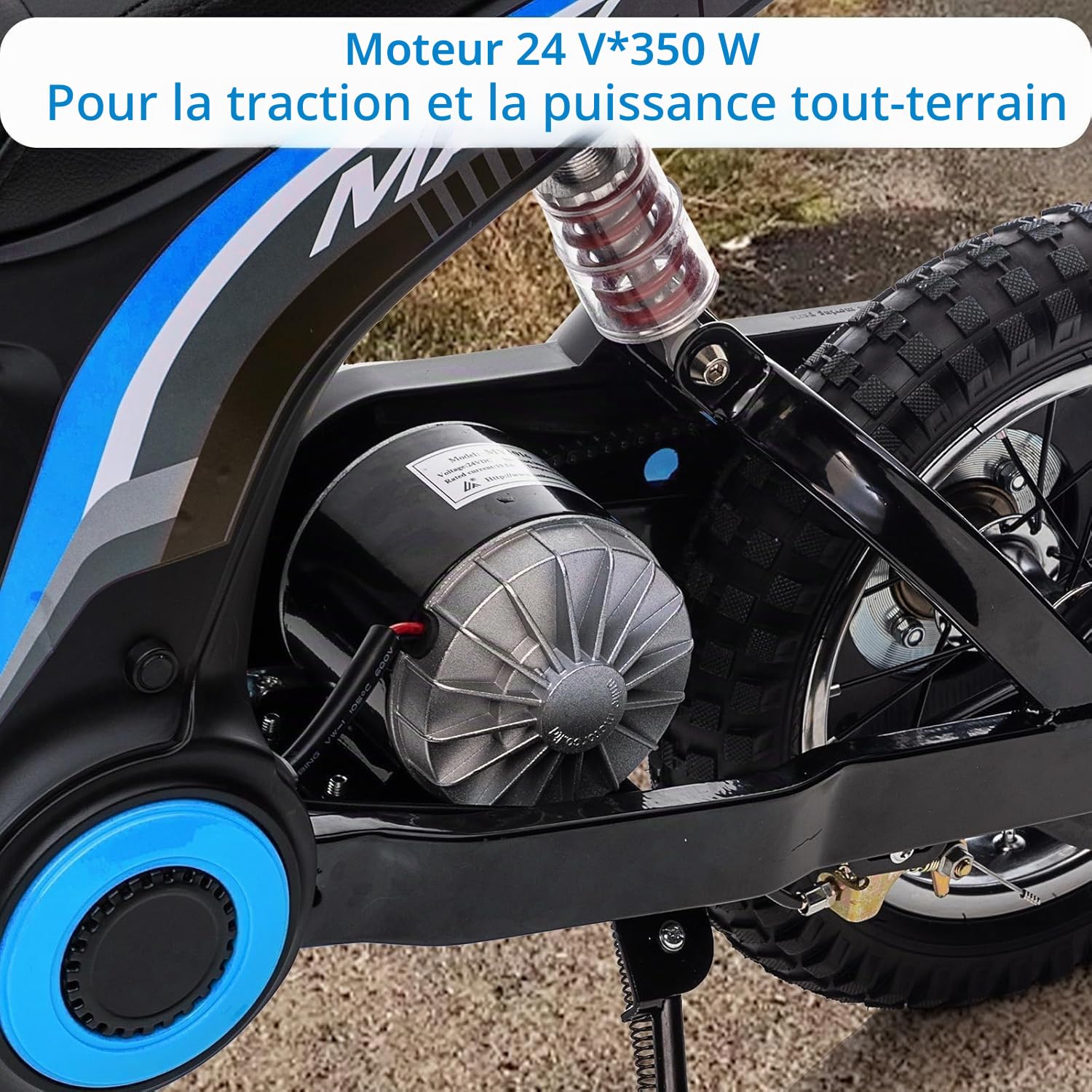 Garvee Moto Électrique Enfants 12V avec Double Batterie et Moteur 250W | Motocross Électrique avec Amortisseur, Roues Résistantes, Vitesse 10-23 km/h, Charge 65 kg, pour Enfants 13+ Ans, Bleu