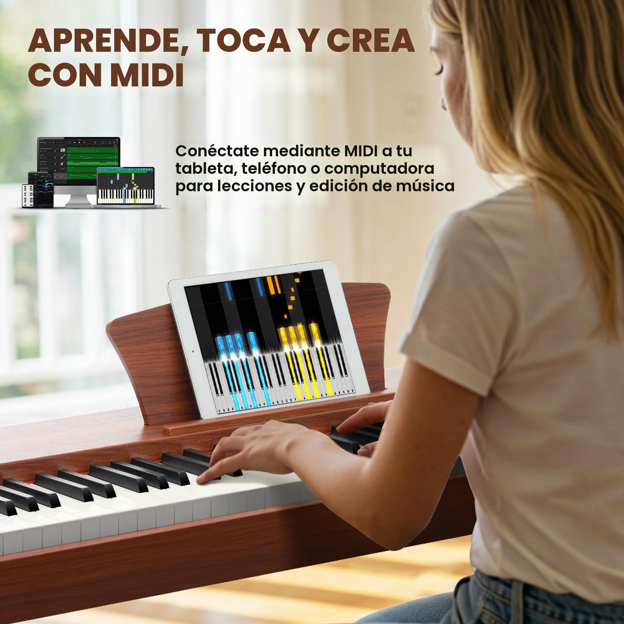 CAHAYA Piano Digital de 88 Teclas – Piano Eléctrico de Tamaño Completo con Teclas Contrapesadas y Cuerpo de Madera 380 Sonidos Triple Pedal Compatible con USB-MIDI Ideal para Principiantes