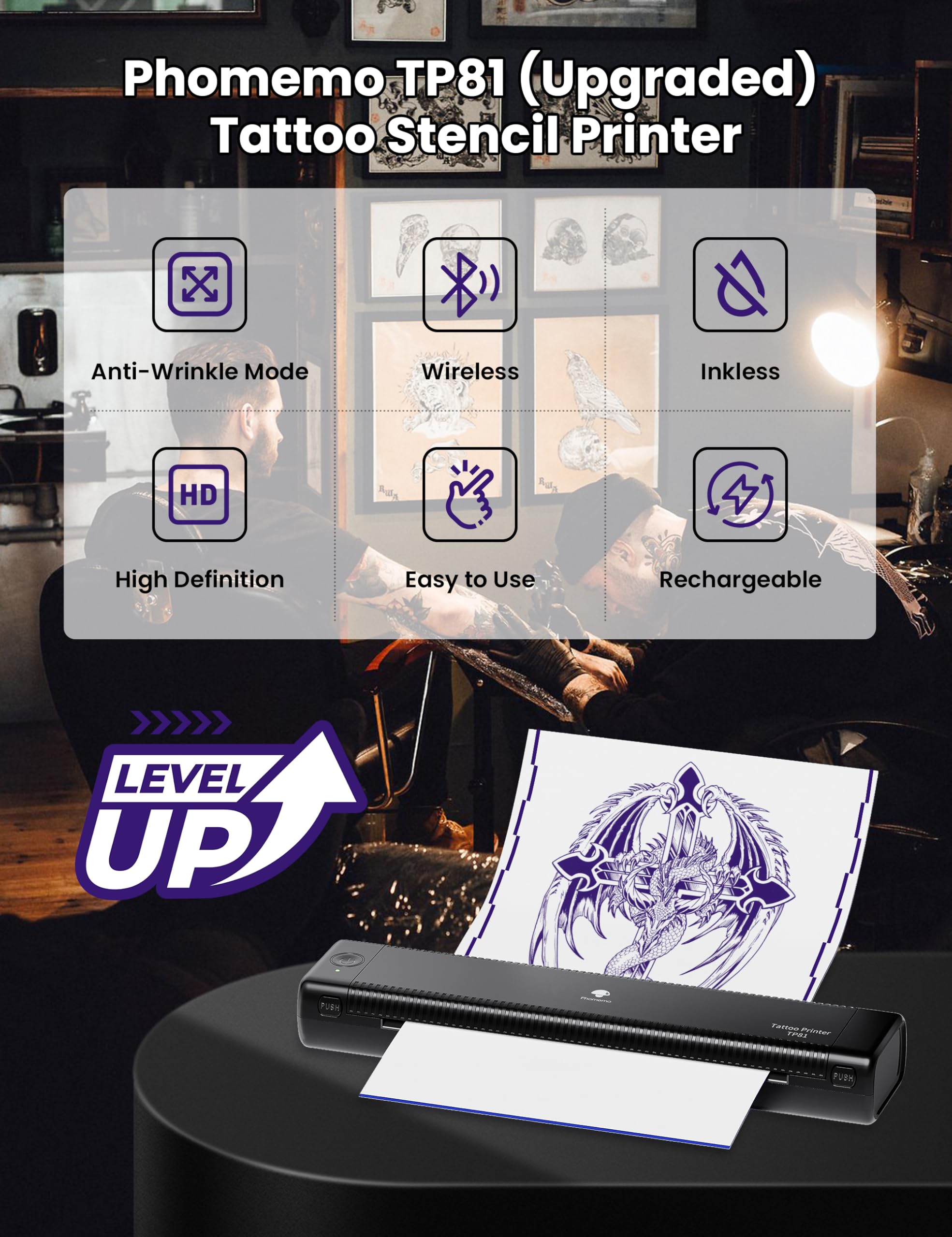 Phomemo TP81 Upgraded Tattoo Stencil Printer, Bluetooth Tattoo Machine with 10pcs Transfer Paper - Image 2