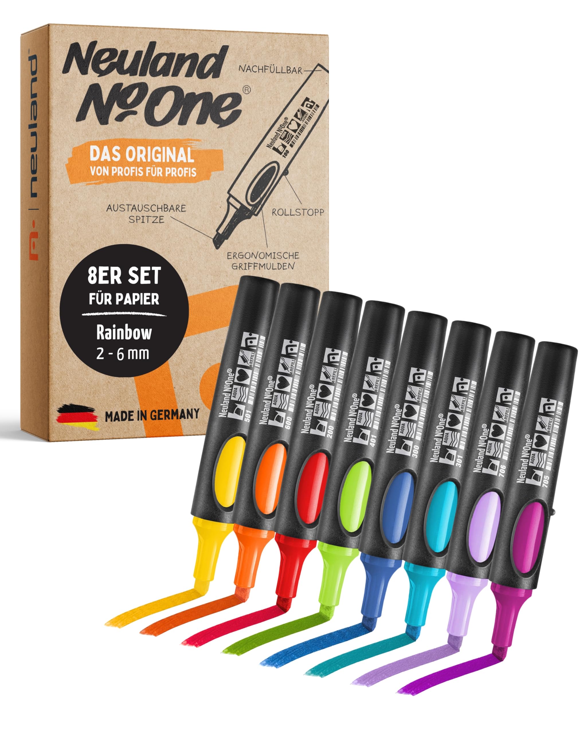 Neuland No.One® Flipchartmarker I Mehrfarbiges 8er Set mit Keilspitze 2-6mm I Nachfüllbarer Marker für Trainer, Moderatoren & Coaches I Ergonomischer & langlebiger Flipchartstift
