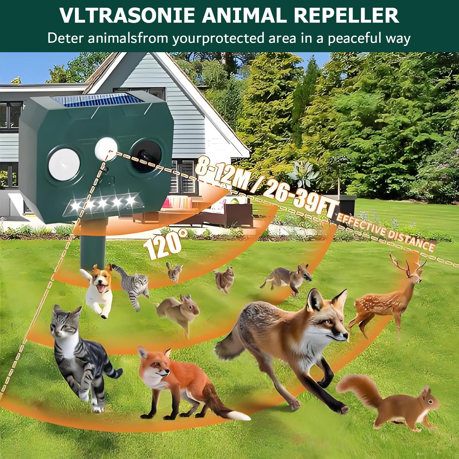 Répulsif Chat Ultrason pour Jardin Solaire Répulsif pour Animaux Etanche avec Lumière LED Repousse Les Renards，Oiseaux，Cerfs，Pigeons，Ratons Laveurs，Taupes et Les Blaireaux. (A)