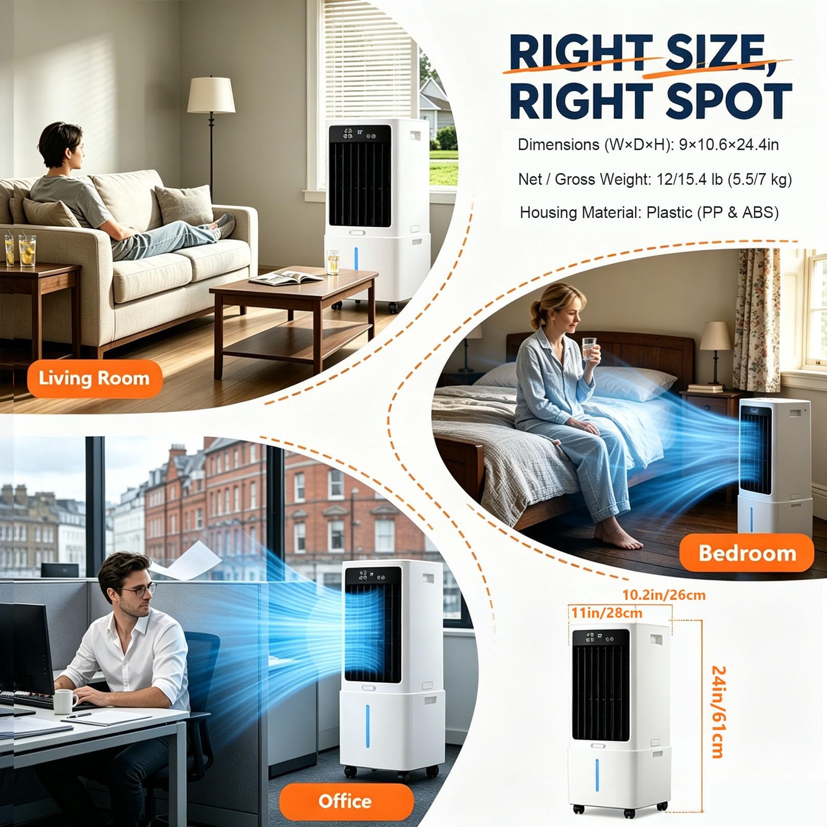 Raffreddatore d'aria evaporativo 3 in 1 con telecomando, serbatoio dell'acqua da 12 litri, ventola di raffreddamento evaporativa con 3 velocità, 3 modalità vento, oscillazione di 120°(12L)