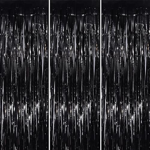 Paquete de 3 cortinas de flecos metálicos de oropel negro, 3.3 x 8.3 pies, telón de fondo negro para fiestas, serpentinas de puerta, decoraciones de