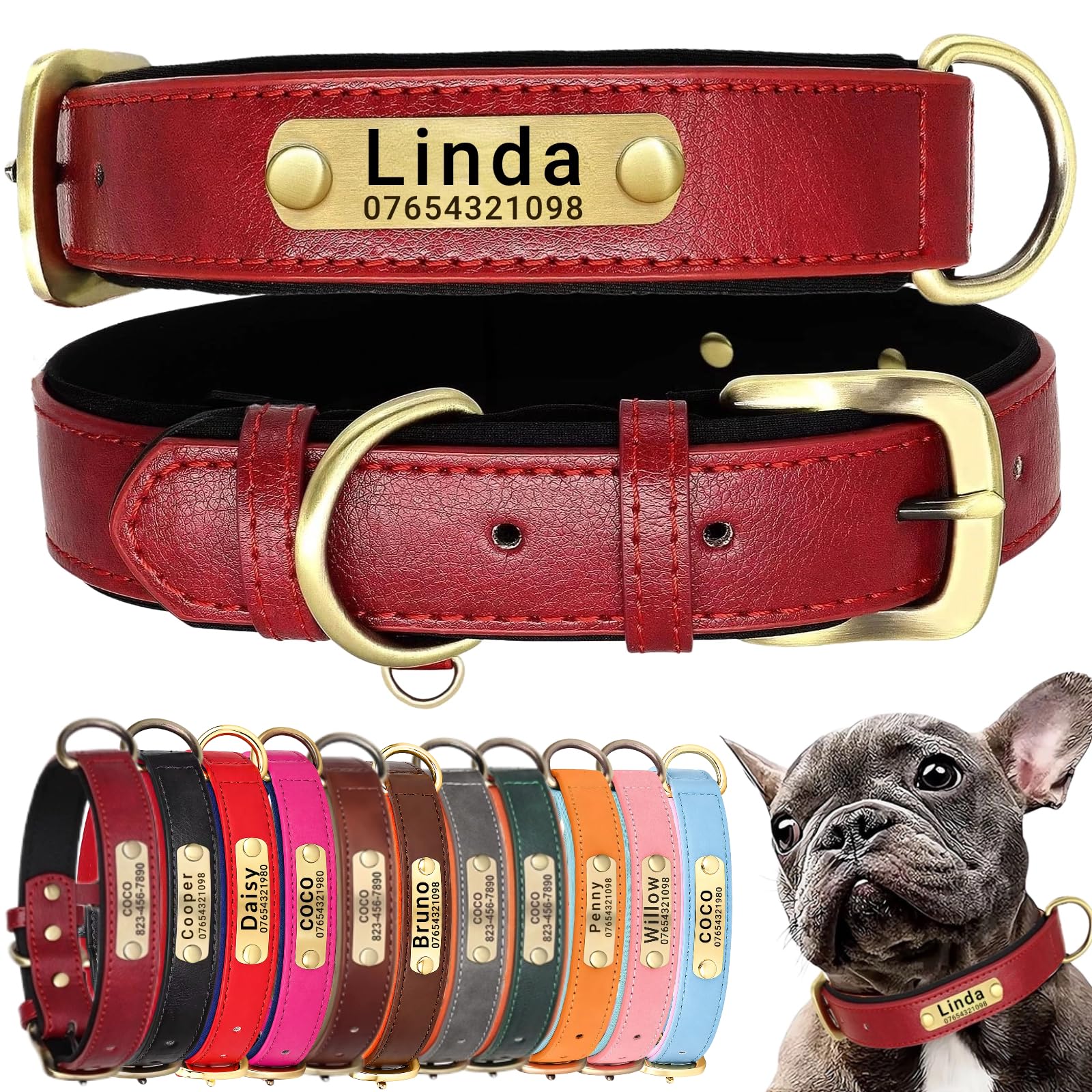 SEOUGEE Genuine Leather Dog Collar Personalised, Soft Padded Leather Dog Collars Heavy Duty with Custom Engraved Name Plate Adjustable for Small Medium Large Dogs (M, Red 28-37cm)