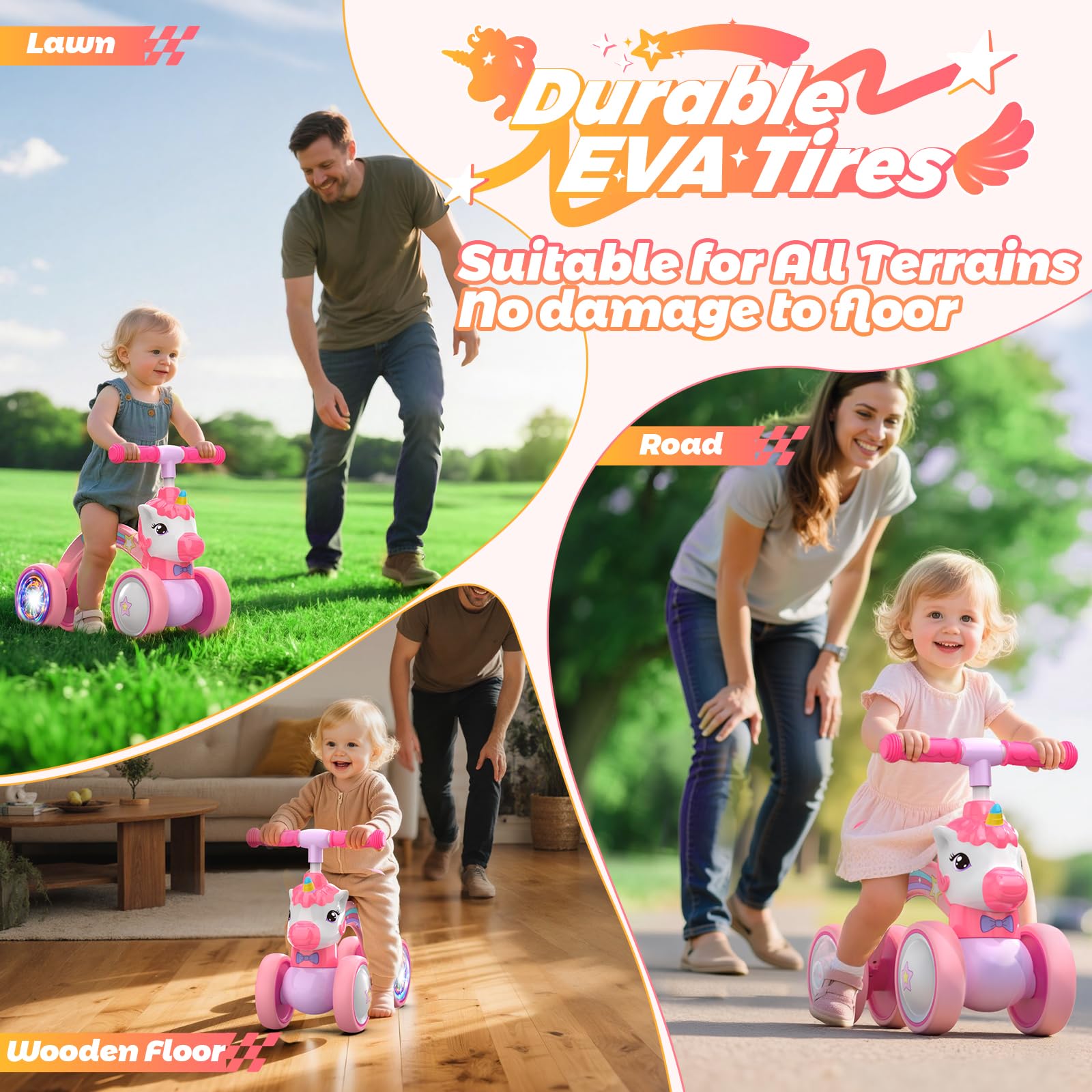 Correpasillos Unicornio de 4 Ruedas para Niños 1-2 Años con Luz LED Trasera, 25kg Capacidad, Regalo Ideal para Cumpleaños y Navidad, Juguete Seguro para Aprender a Equilibrarse (Rosa)