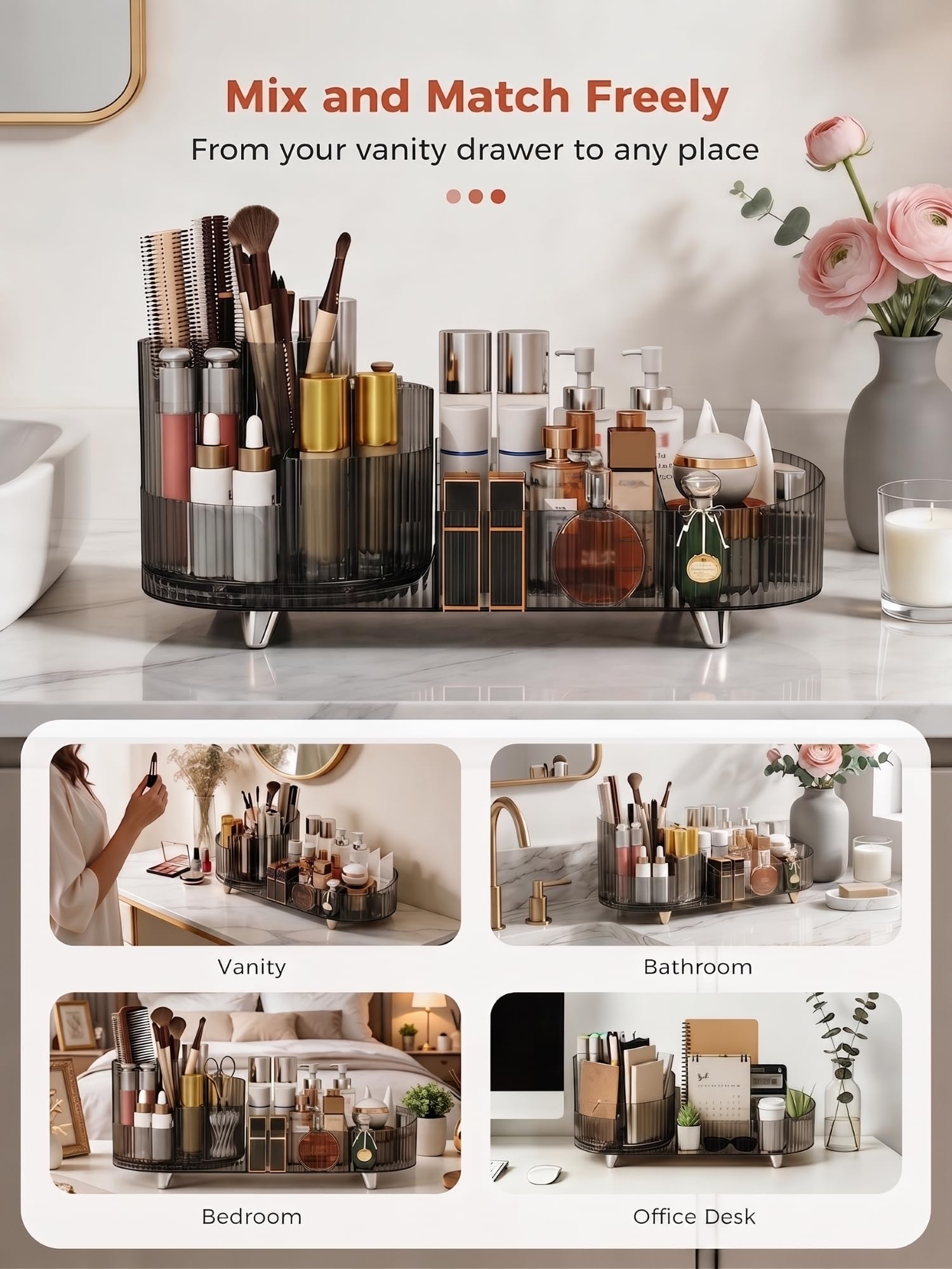 Booklov Modern Elegant Make-up-Organizer, Kosmetik-Display-Case, Schwarz, Poliert, 360° drehbar, 9 Fächer, für 30 Kosmetikartikel, Hochwertiges PET-Material, Tischplatte, 1 Stück