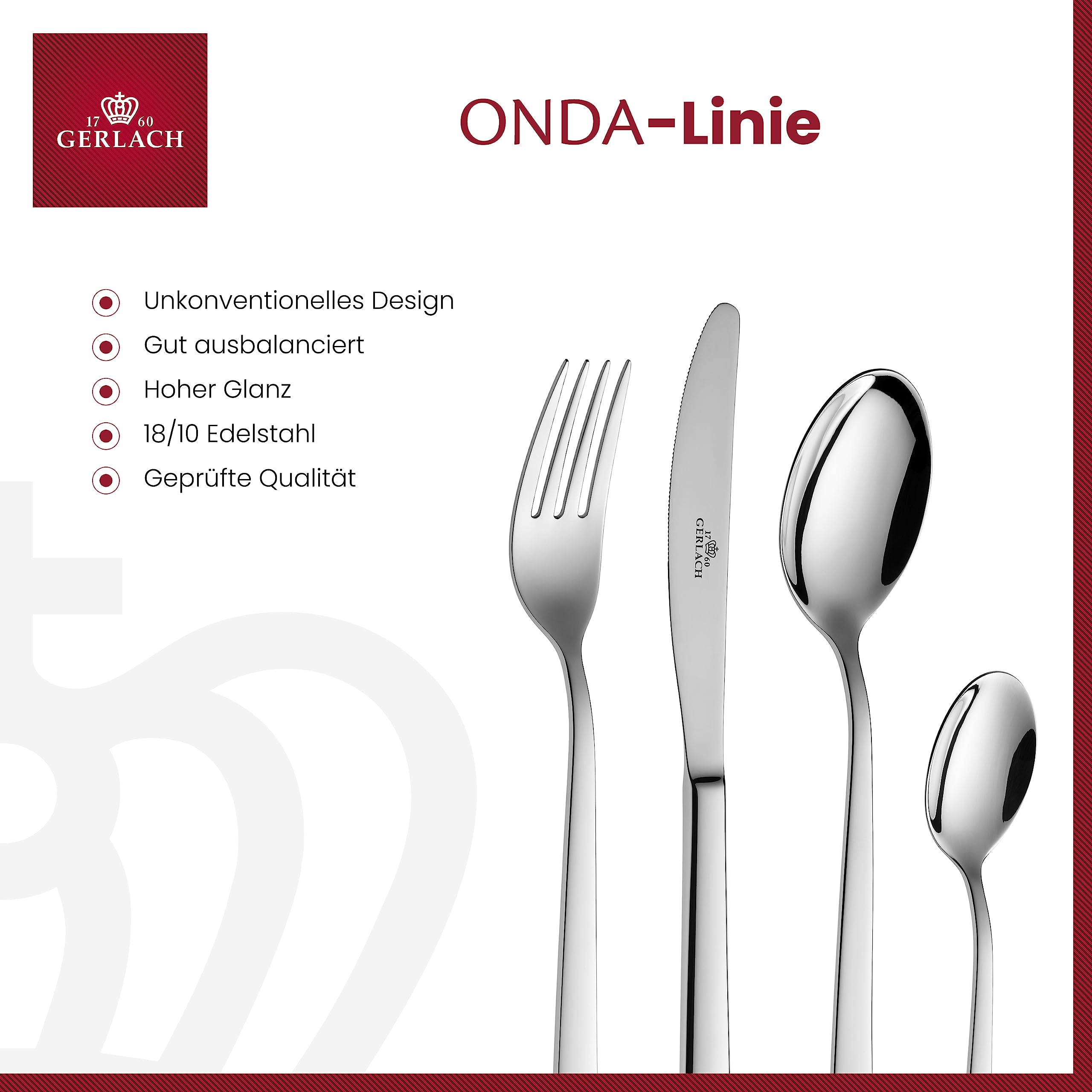 Gerlach Onda Besteck-Set 12 Personen Spülmaschinenfest Essbesteck Edelstahl Tafelbesteck Messer Gabel Löffel Teelöffel Kuchengabel Soßenlöffel Kuchenspachtel Glänzend Rostfrei 68 Stk