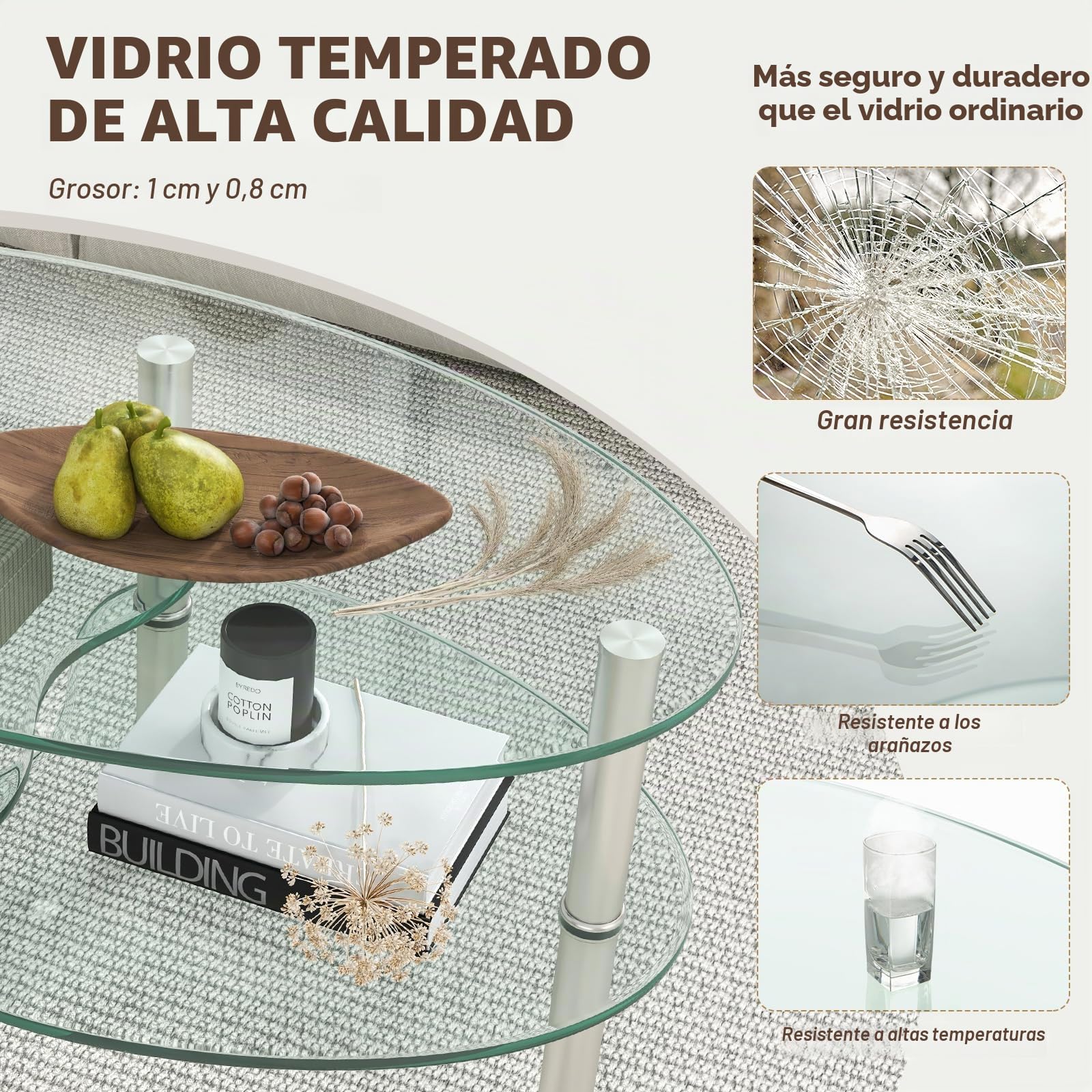 GIANTEX Mesa de Centro de Cristal Templado Ovalada con 3 Estantes de Cristal y Patas de Acero Inoxidable, Pies con Almohadillas, Mesa de Café Moderna, 89x50x45 cm, para Oficina, Salón (Transparente)