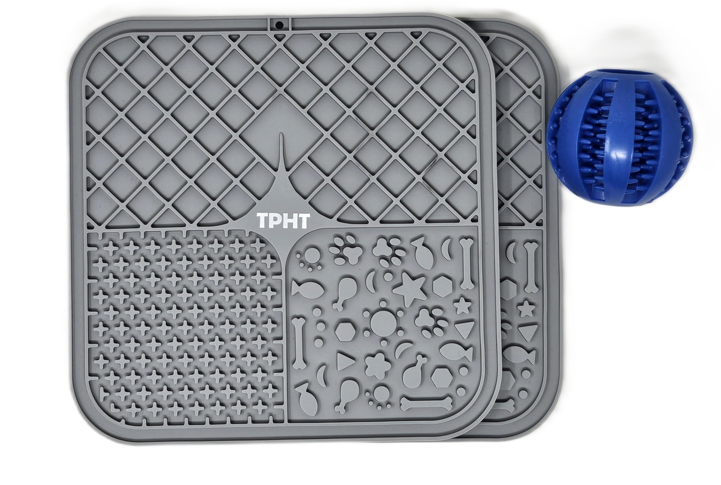 TPHT Dog Lick Mat and Treat Ball Set, 2 Large Grey Silicone Feeding Mats 20 cm with Bonus Pet Treat Dispenser Ball, Blue
