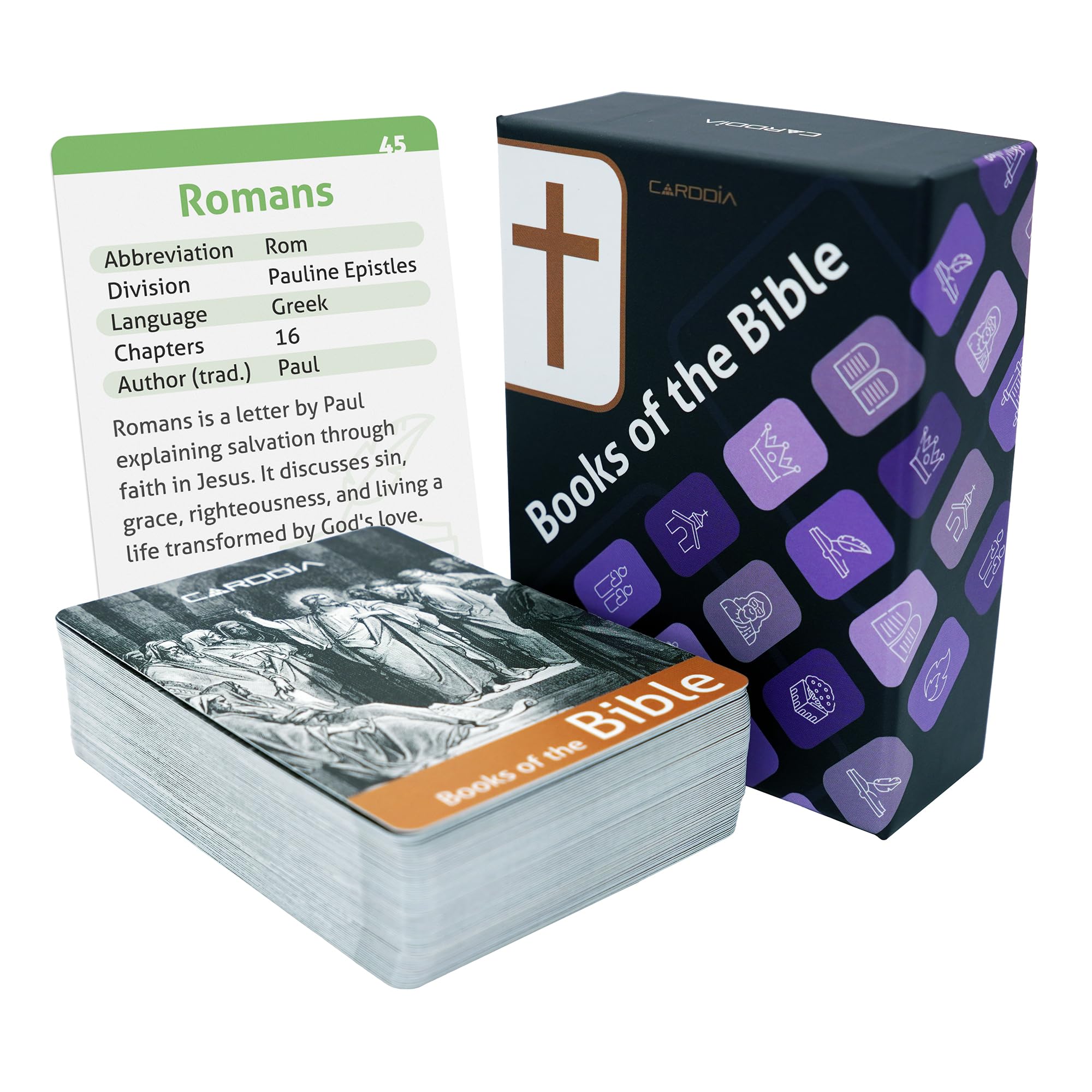 CARDDIA | Books of the Bible Flash cards (2025 Edition) | Woodcut Illustrations, Color-Coded Divisions & Key Facts | Perfect for Bible Study, New Christians & Meaningful Christian Gifts