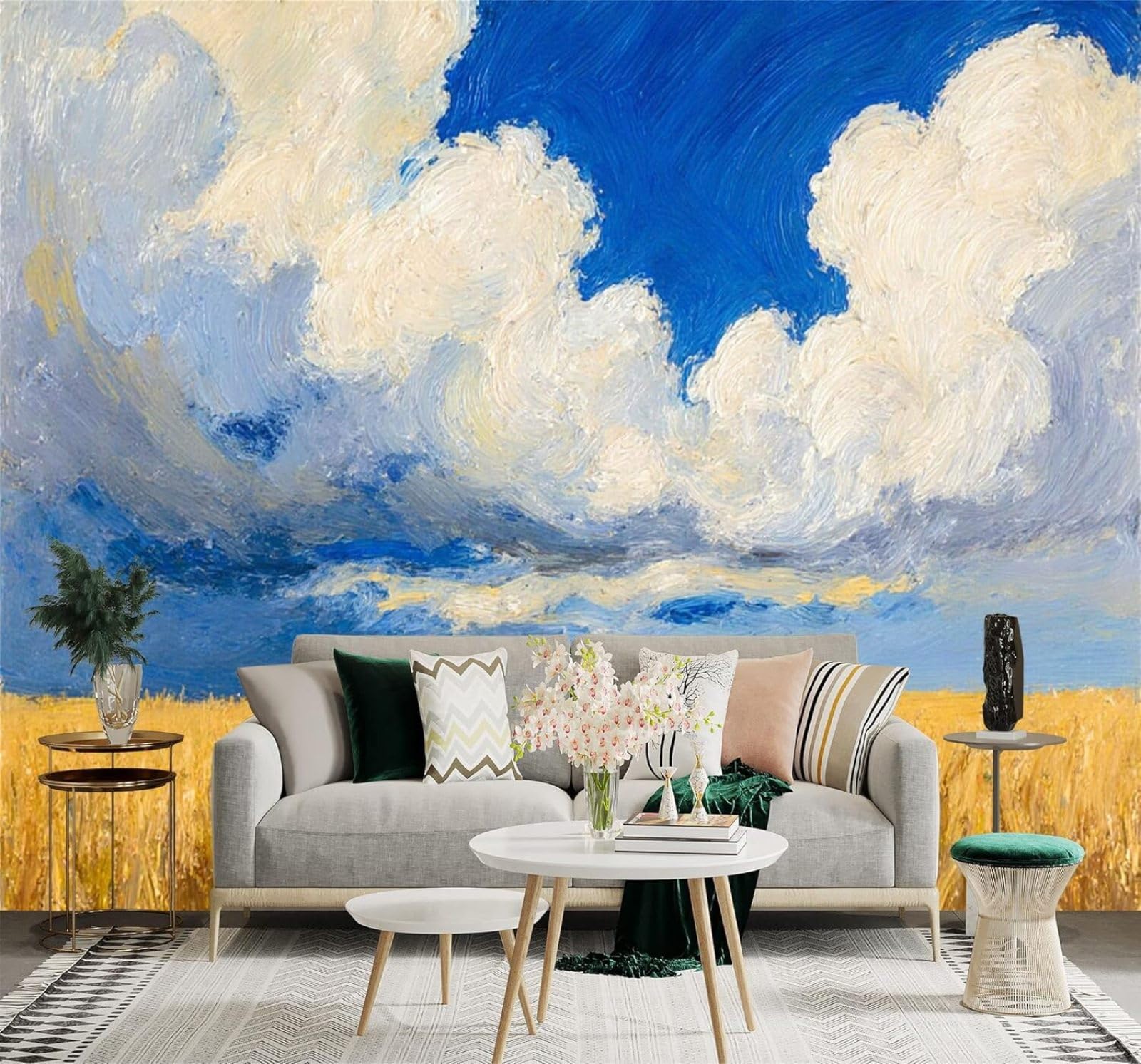 XLMING Hand Drawn Blue Sky White Clouds Golden Wheat Field 3D Wallpaper Premium Textured Silk Study Dining Living Room Bedroom Sofa TV Wall Easy Install-400cm×280cm