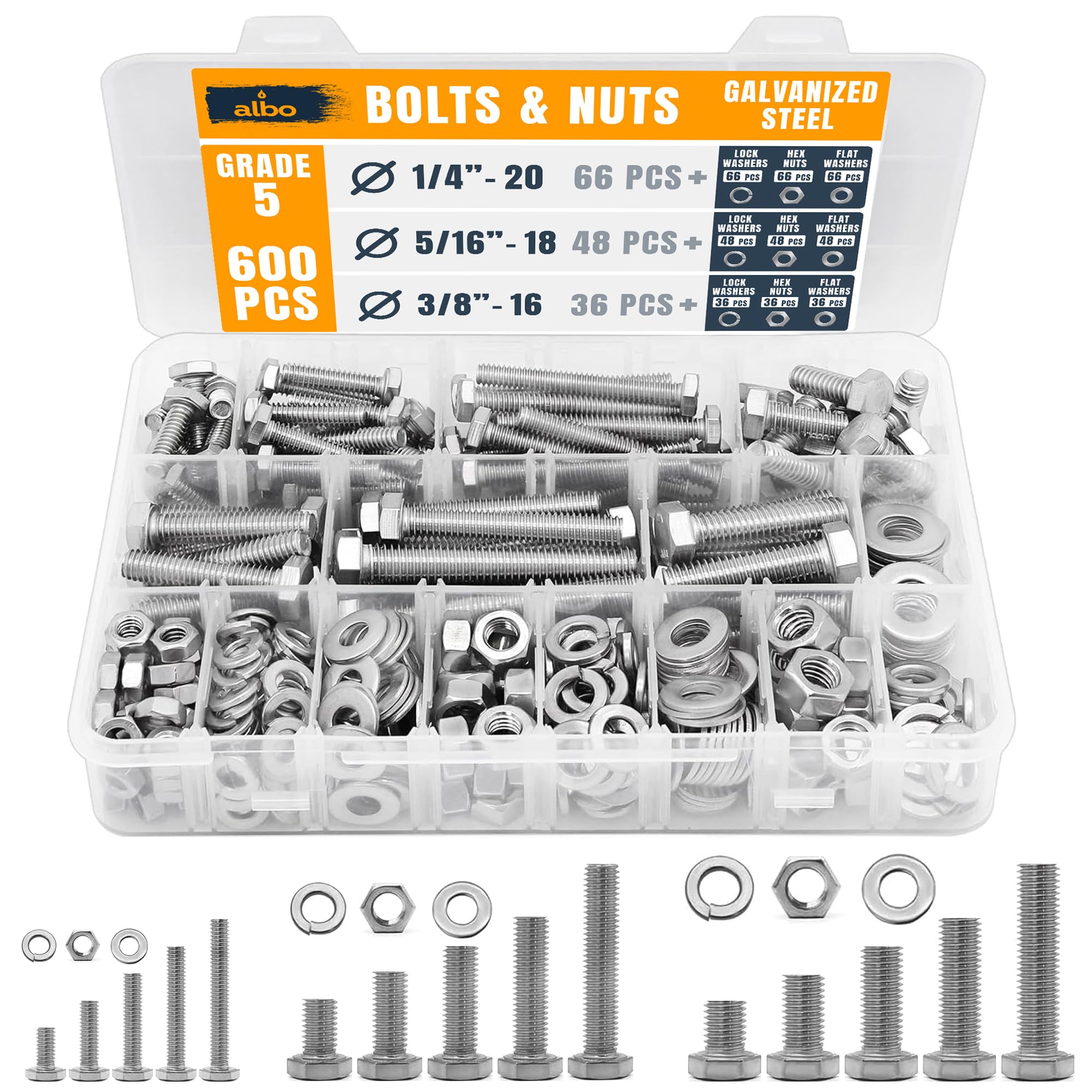 ALBO 600 pcs Hex Head Bolts and Nuts Grade 5 Zinc Plated 1/4-20, 5/16-18, 3/8-16 Nut and Bolt Set with Flat and Spring Washers in Case