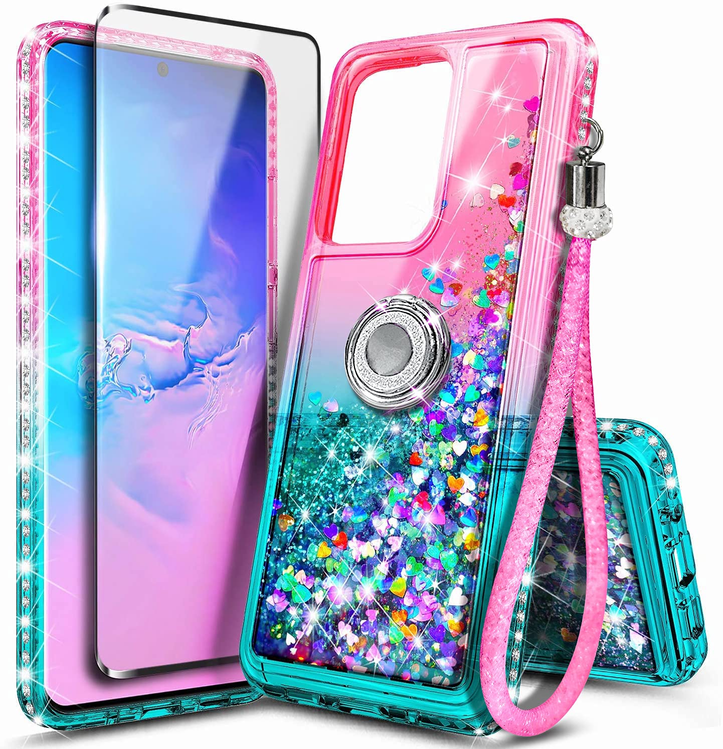 NGB Designed for Samsung Galaxy S20+ (Plus) & S20+ (Plus) 5G Case, Pink/Aqua | Glitter Liquid Sparkle Cute Cover for Women Girls Kids | with Screen Protector & Ring Holder & Wrist Strap Lanyard