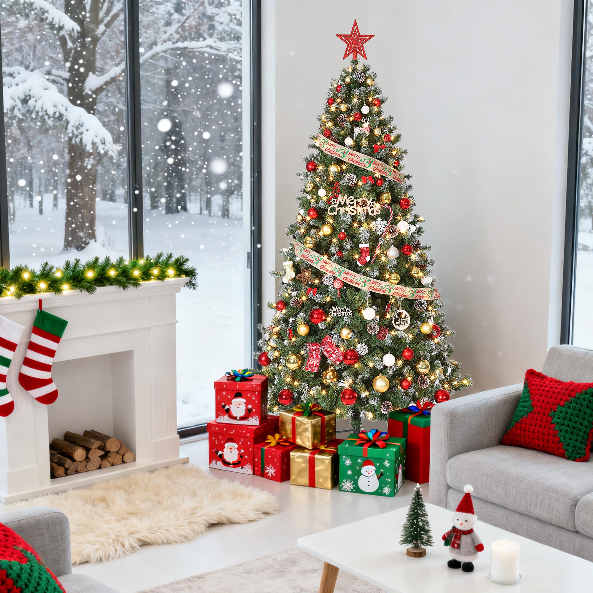 6FT Artificial Christmas Tree, Snow Flocked Xmas Tree with Pine Cones & Bushy 788 Tips, Partially Flocked Design Spruce Christmas Tree, Home Traditional Holiday Decoration