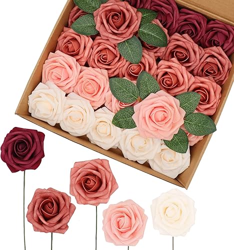 Flores artificiales, 25 unidades, rosas de espuma de aspecto real, color borgoña, rosas falsas con tallos para ramos de boda, centros de mesa, baby
