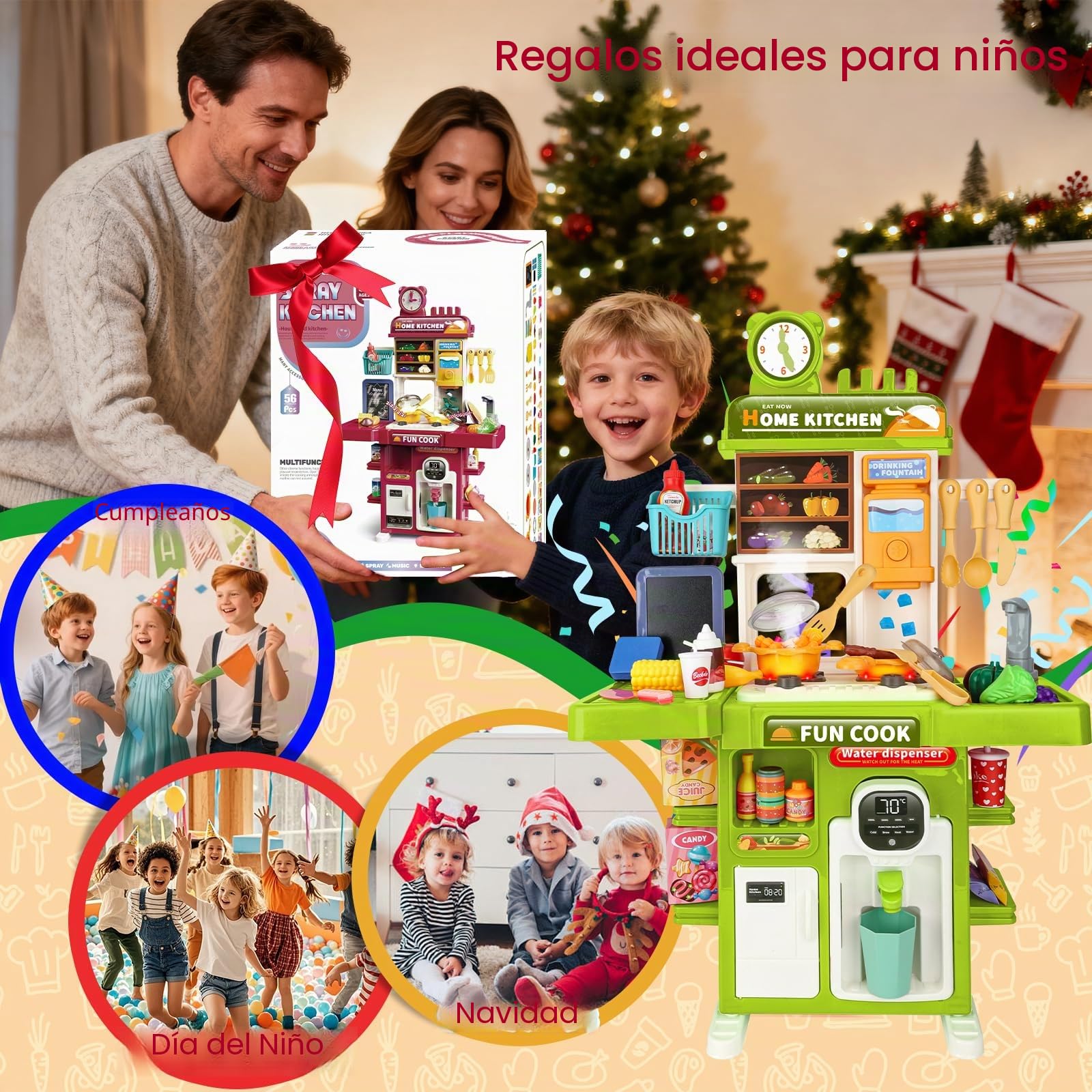 Cocina Juguete Niños Set de Cocina en Miniatura con Fregadero de Spray y Iluminación Realista, Juego de Cocina Simulada para Niñas y Niños de 3 4 5 Años, Regalo (Verde)