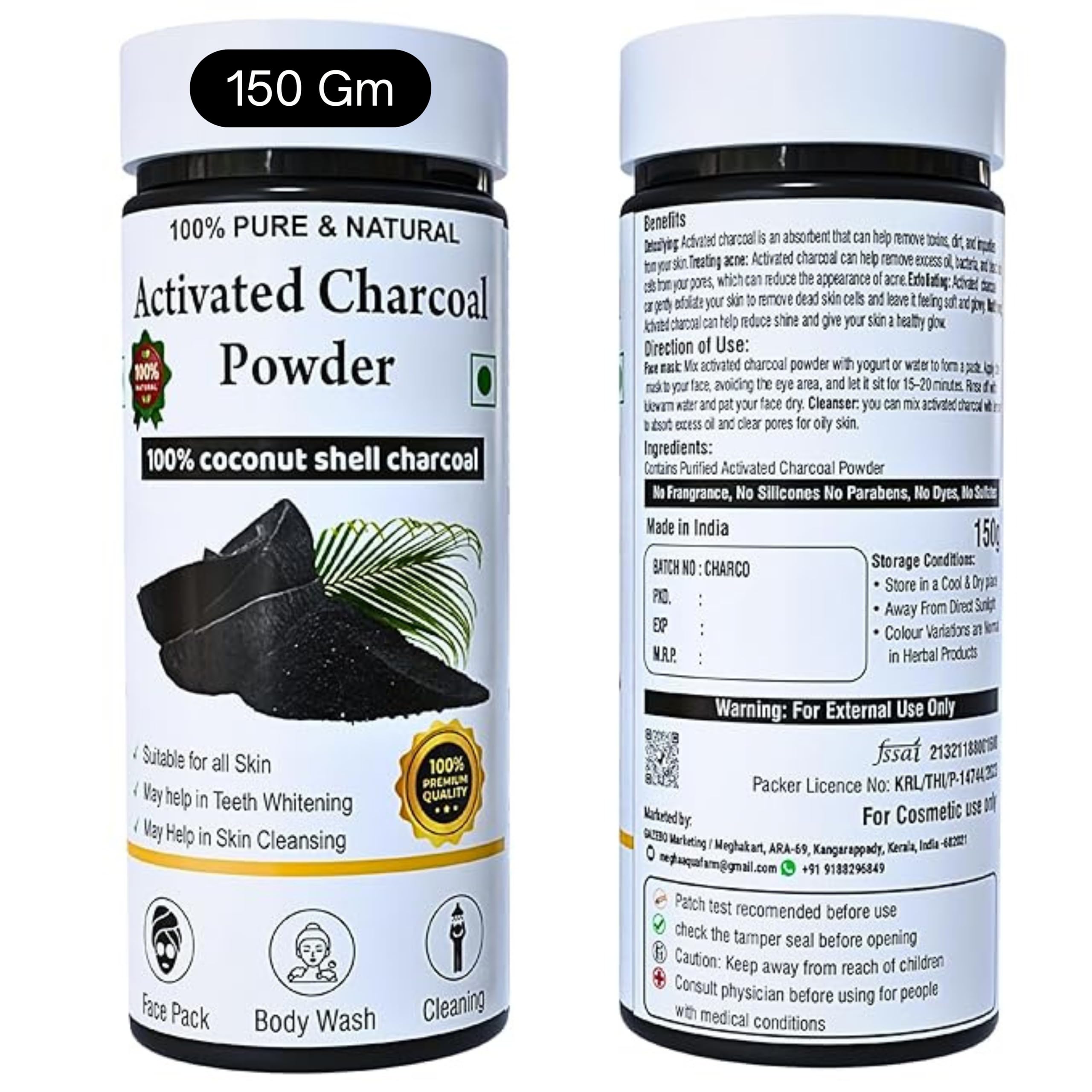 MAF Activated Charcoal Powder for Face, Skin & Teeth Whitening 150 Gram, Grade A+ from Coconut Shell, Removes Stains, Cleanses Pores, Provides Fresh Breath, and Detoxifies Body