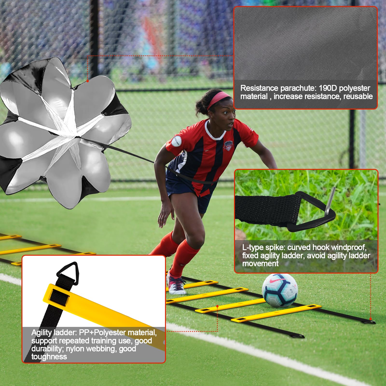 Juego de 24 piezas de equipo de entrenamiento de agilidad de fútbol, bastones de agilidad, escalera más para un montaje rápido y fácil portabilidad, adecuado para todos los niveles de