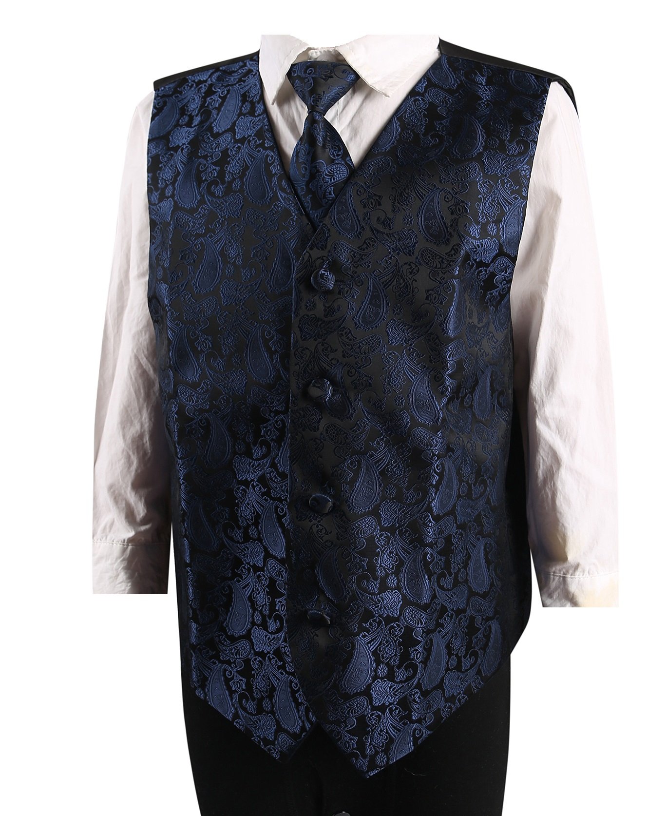 L&L® Kid Children Boy Paisley Design Waistcoat Vest and Tie Handkerchief Set for Suit (13-15 Years Old, Navy)