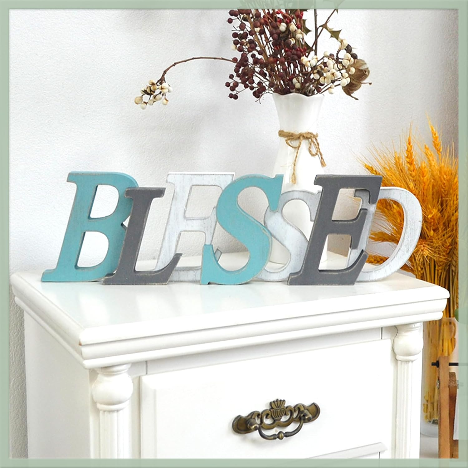Rustic Blessed Script Sign Home Decor for Living Room - Farmhouse Religious Multicolor Grey Teal White Wood Blessed Wall Hanging - Thick Retro Turquoise Aqua Wooden Letters 16x5 Inches