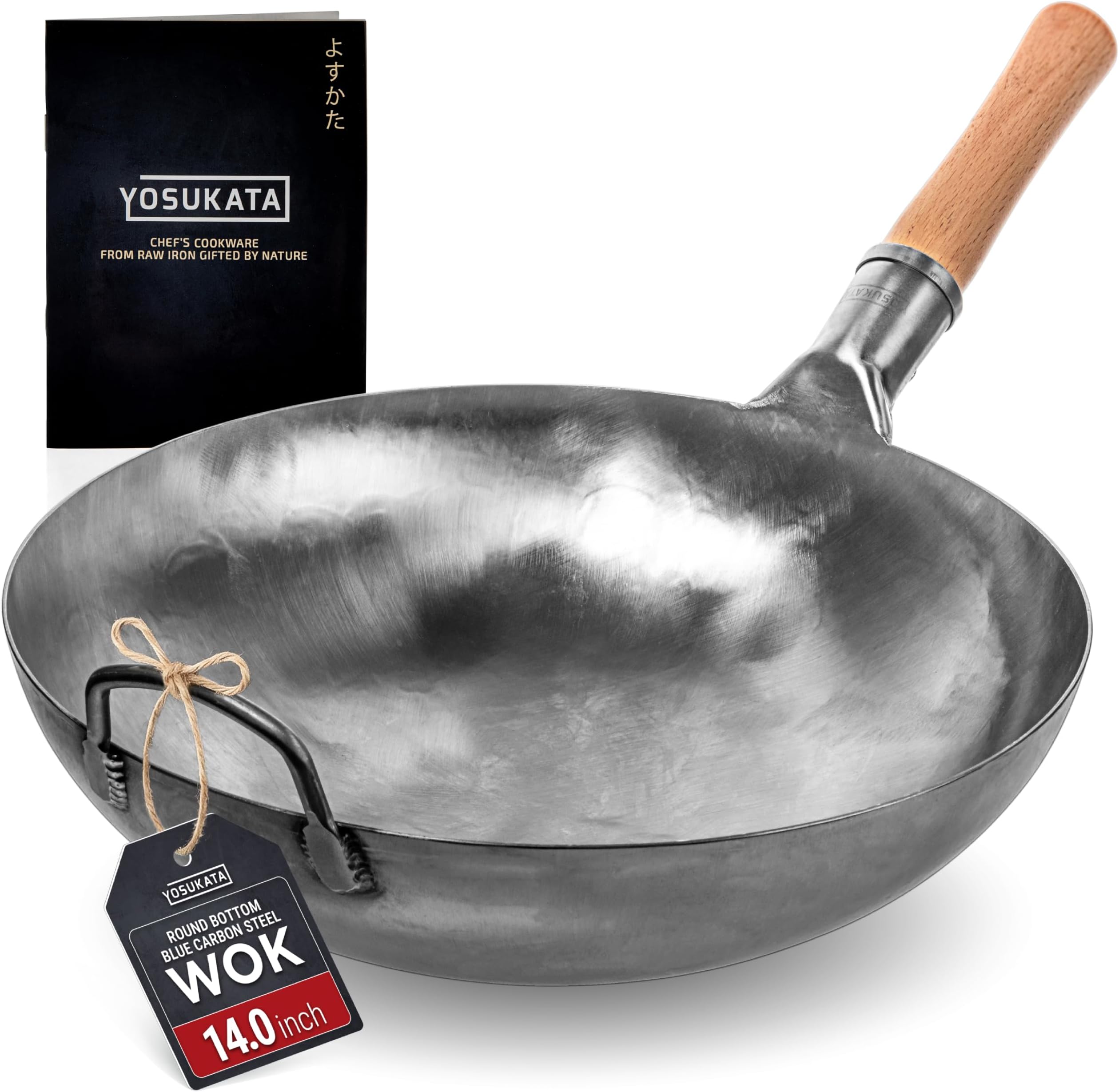 YOSUKATA 14” Round Bottom Carbon Steel Woks and Stir Fry Pans – Unseasoned Pow Wok for Stir Fry, BBQ & Camping – Hand-Hammered Traditional Japanese and Chinese Pan – Gas Stove, Open Fire Only | Suitable for Gas Stoves and Open Fires - Traditional Chinese Wok (Silver)