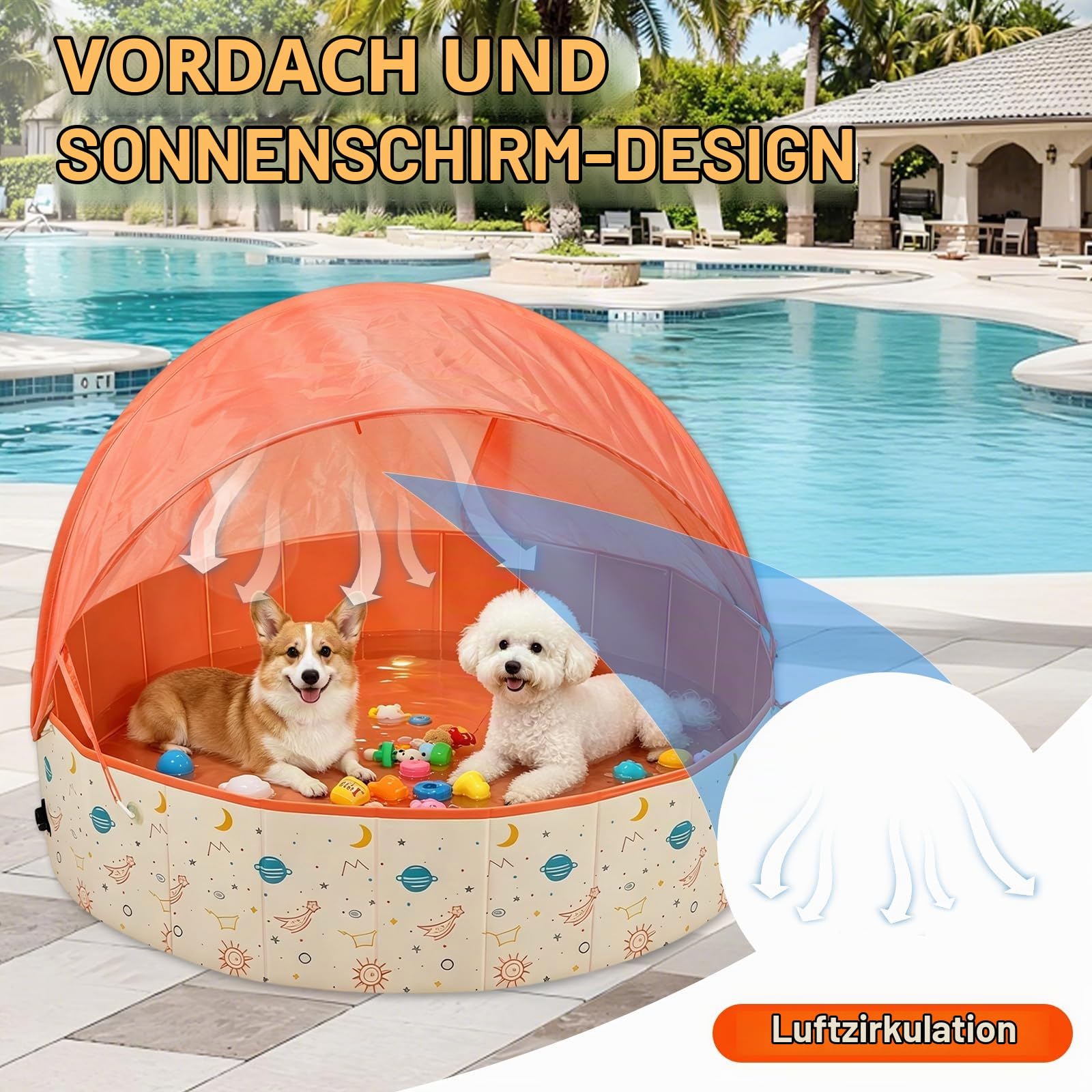 Hundepool Faltbar mit Sonnendach, 120x30cm Hundebadewanne mit Ablaufventil, rutschfeste Verdicktes PVC Planschbecken für Große Hund & Kinder, Tragbarer Hundeplanschbecken (Orange)