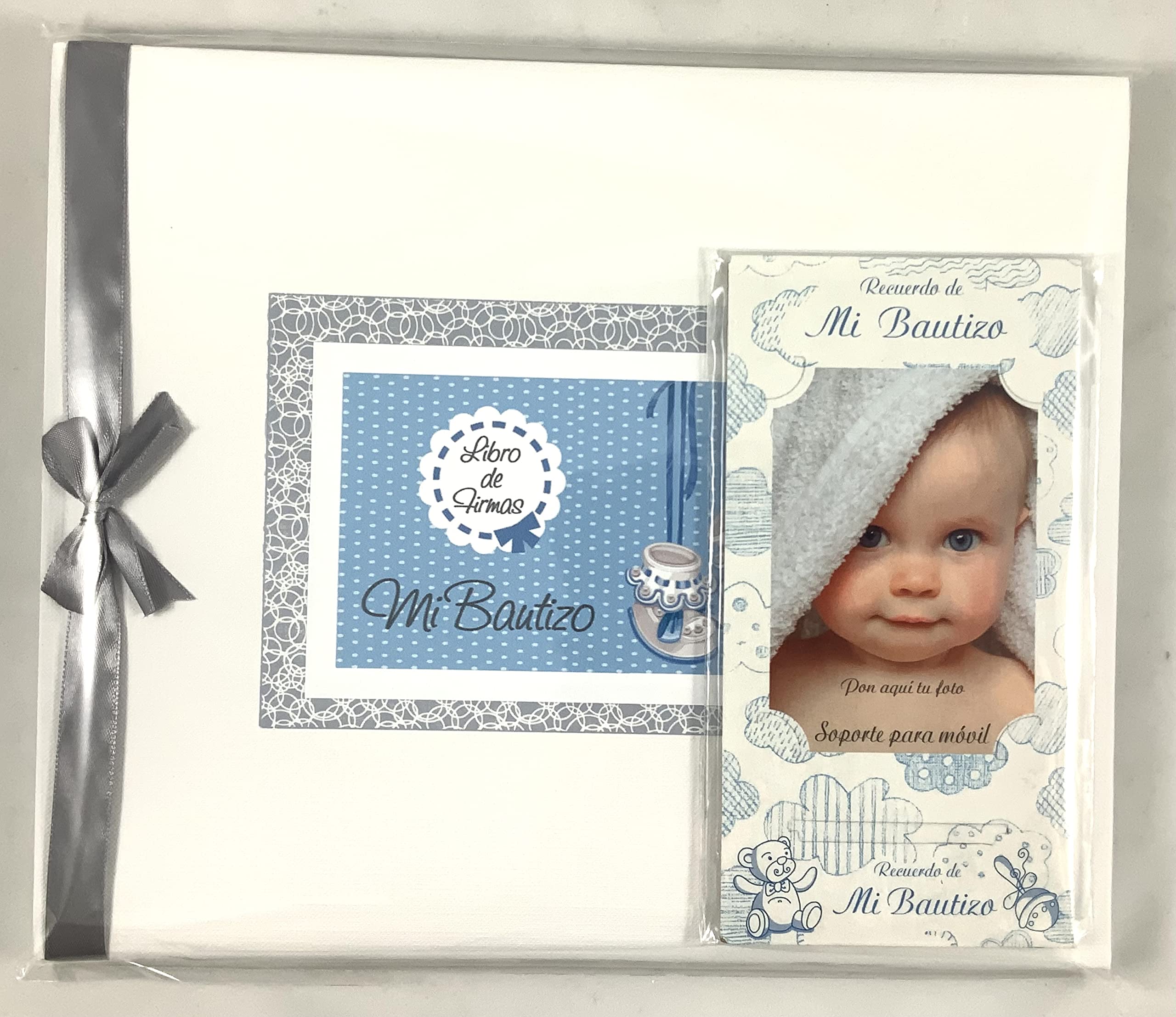 Libro de firmas bautizo bebé niño mas porta móviles con foto personalizable. Libro para recordar los momentos más bellos de un día especial y único