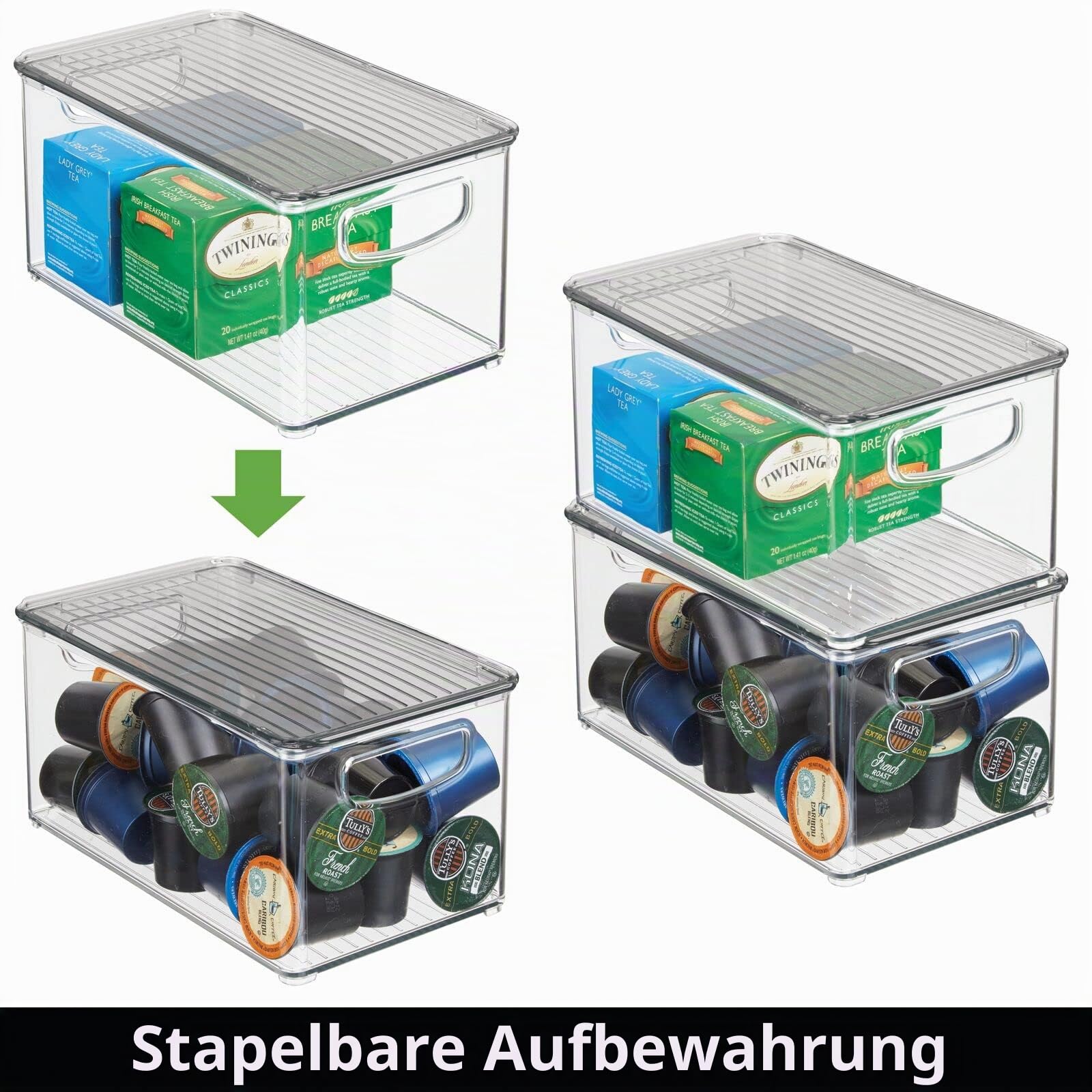 mDesign 4er-Set Aufbewahrungsbox mit Griffen – Kühlschrankbox mit Deckel zur Lebensmittelaufbewahrung – Ablage aus BPA-freiem Kunststoff für den Küchen- oder Kühlschrank – durchsichtig und grau