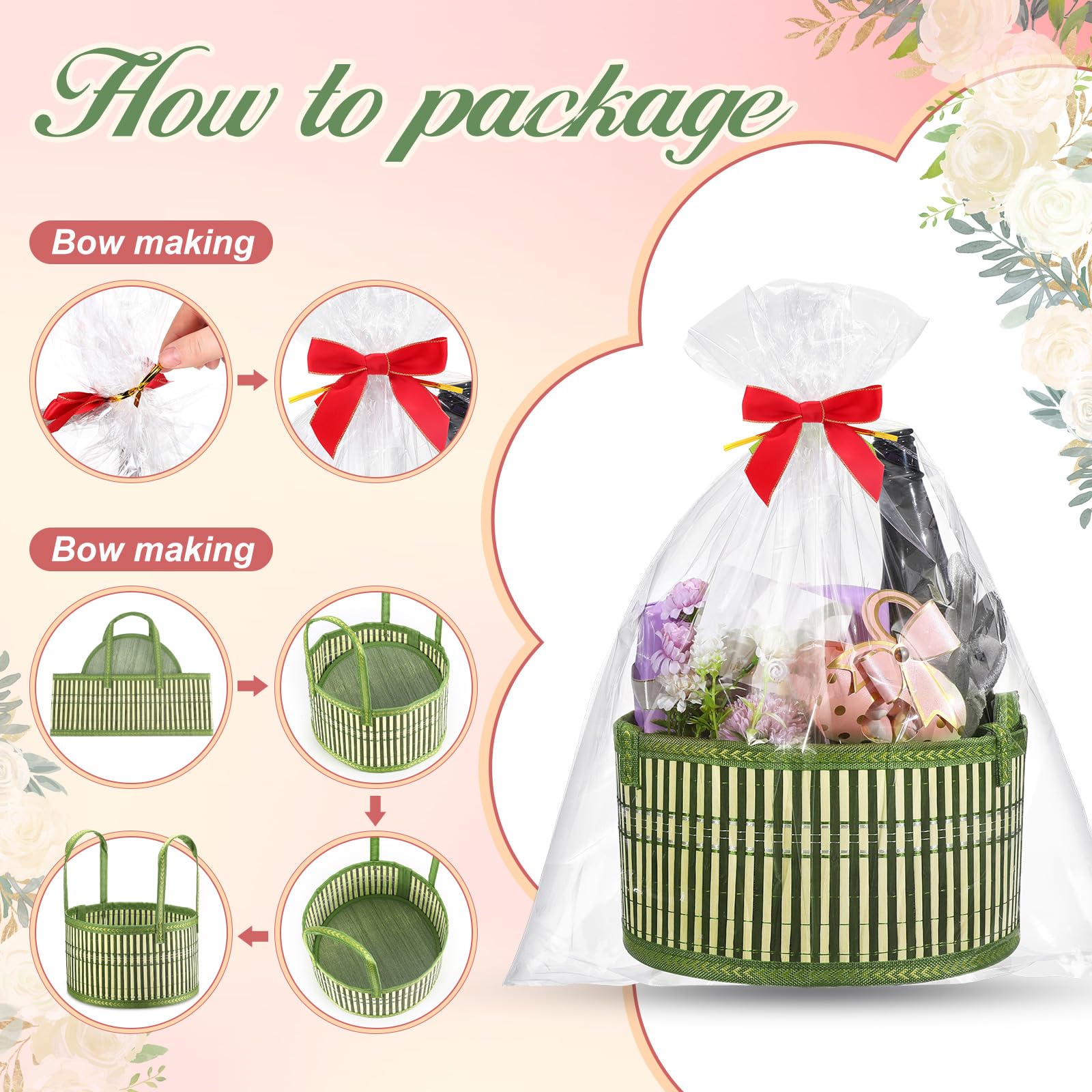 Weysat 6er-Set Körbe für Geschenke, leer, Valentinstag, DIY, Großpackung aus gewebtem Bambus, Geschenkkorb-Set mit Griff, Wickeltasche, rote Schleife zum Befüllen für Hochzeit, Geburtstag, Party