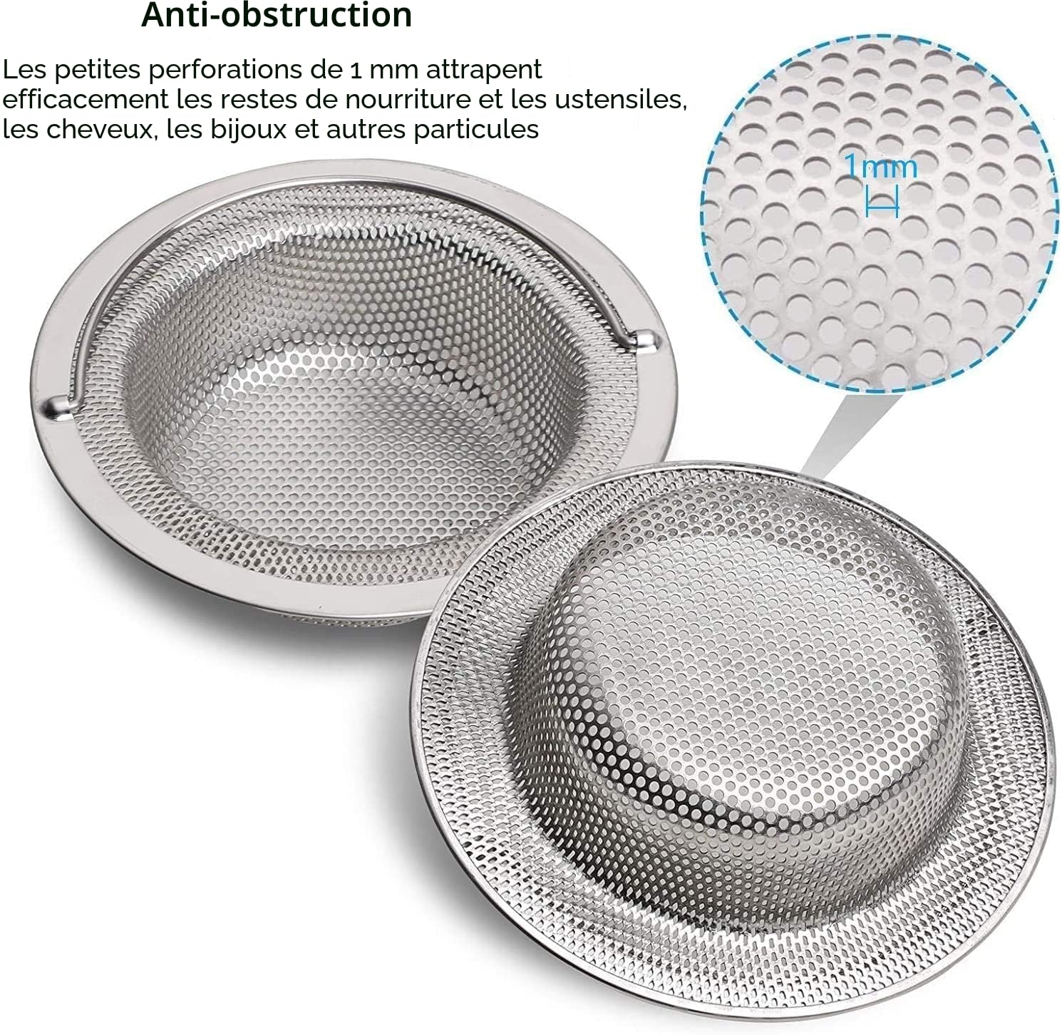 Filtre à évier de Cuisine en acier inoxydable, Crépine de Vidange avec Poignée Relevable, Lot de 2, Diamètre Extérieur 11 cm x Hauteur 2 cm