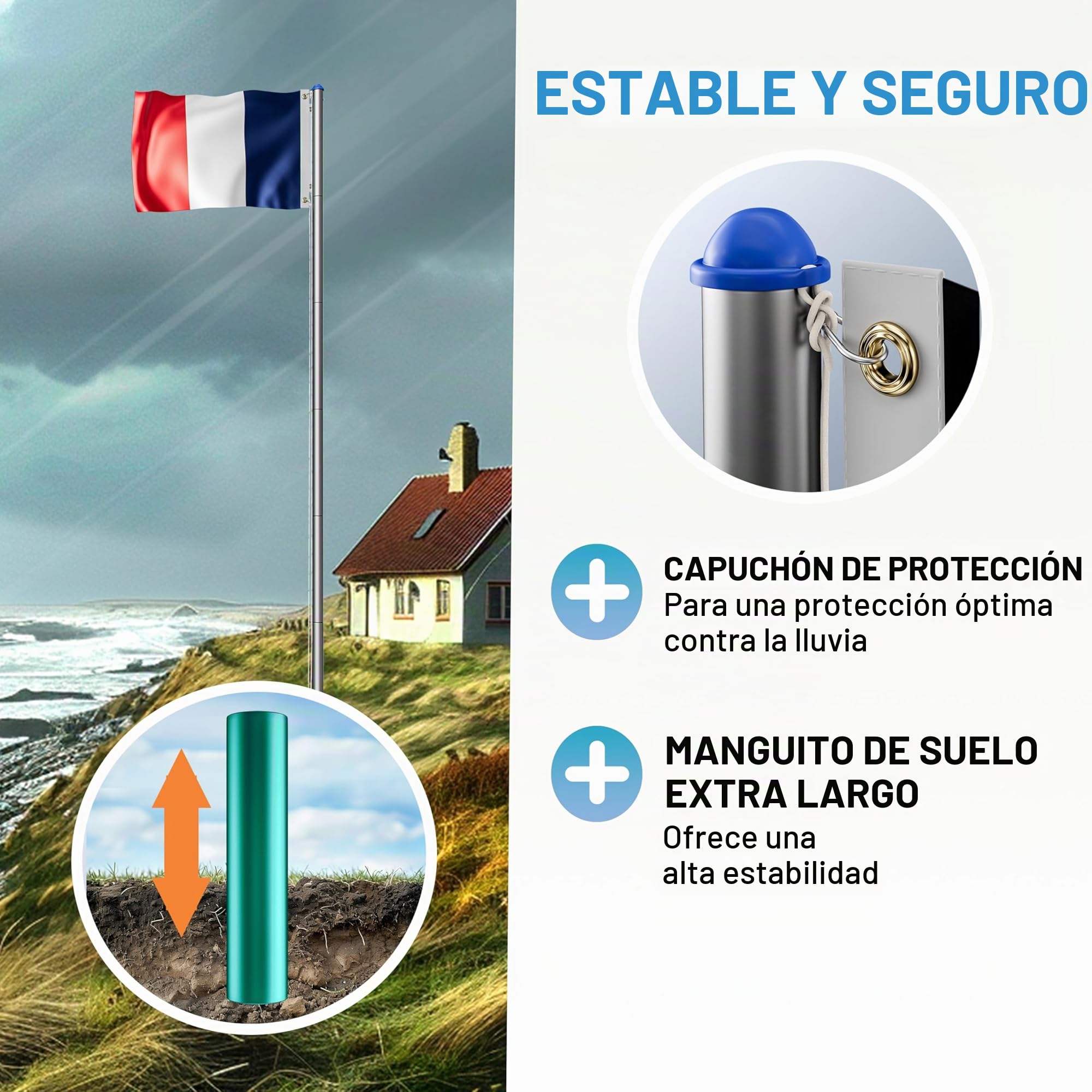 MONZANA® Asta para Bandera 6,5m Aluminio Cuerda para Izar Altura Regulable Telescopica Bandera España Española