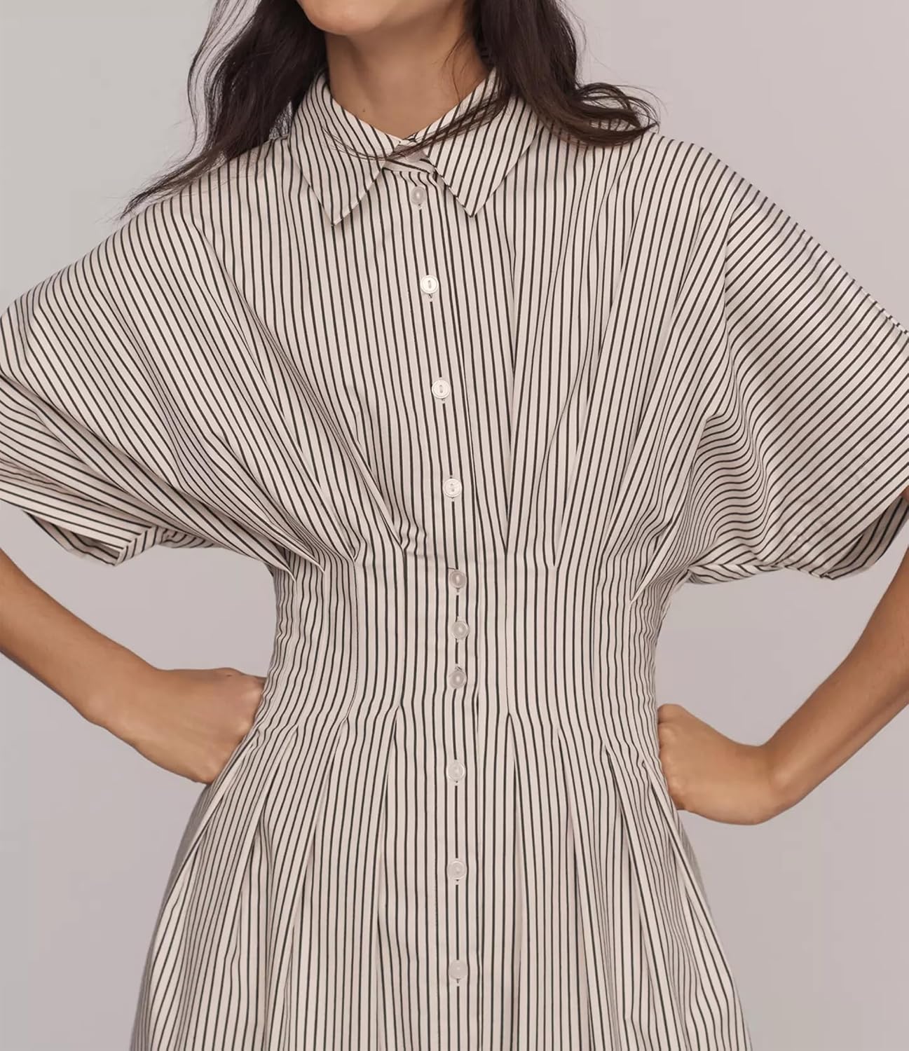 Women Button Front Pleated Shirt Maxi Dress Summer Striped Prints Short Sleeve Collar Casual Long Dresses - Image 4