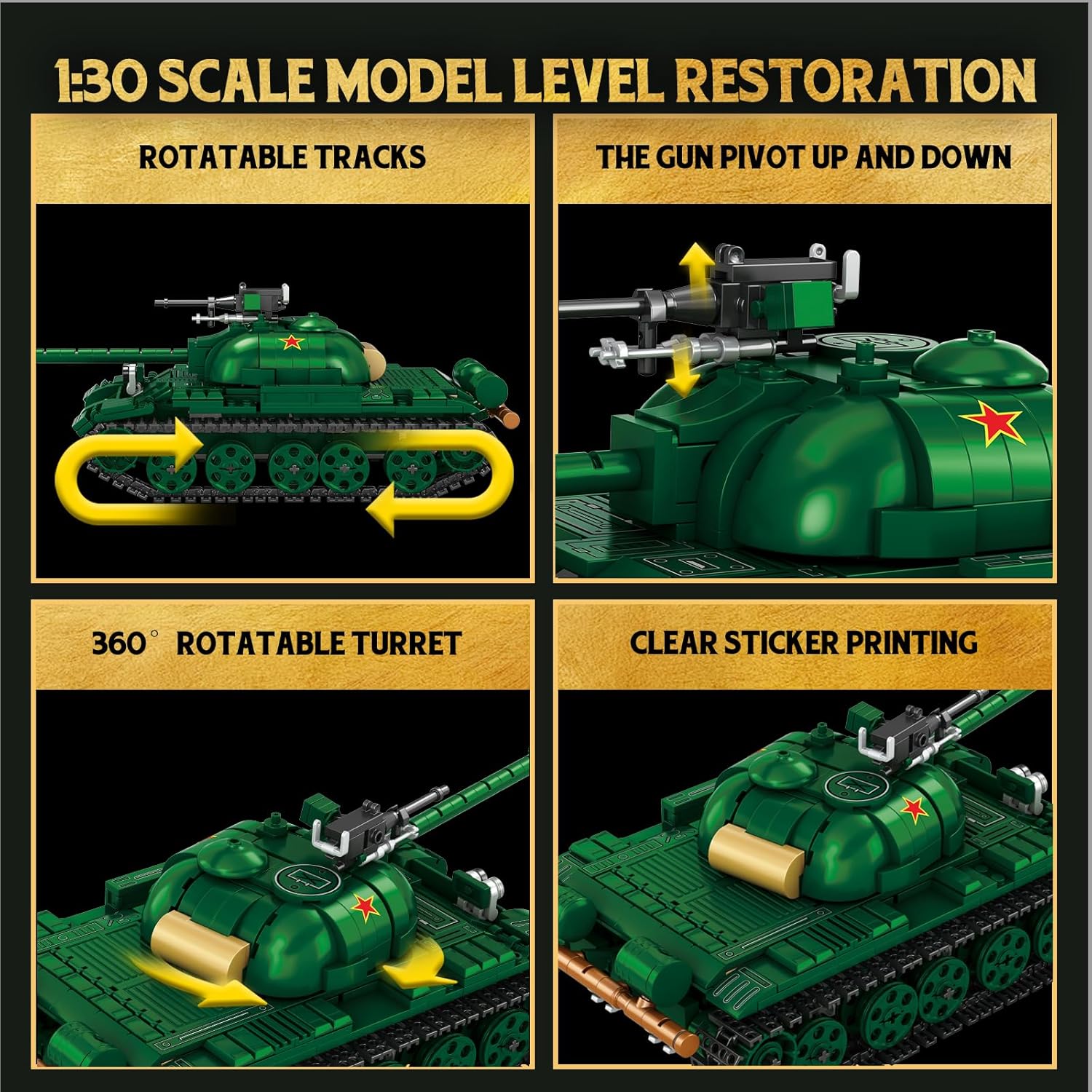 Detailed features of the Reobrix TYPE-59 Tank model, showing rotatable tracks, elevating gun, and 360-degree rotatable turret.
