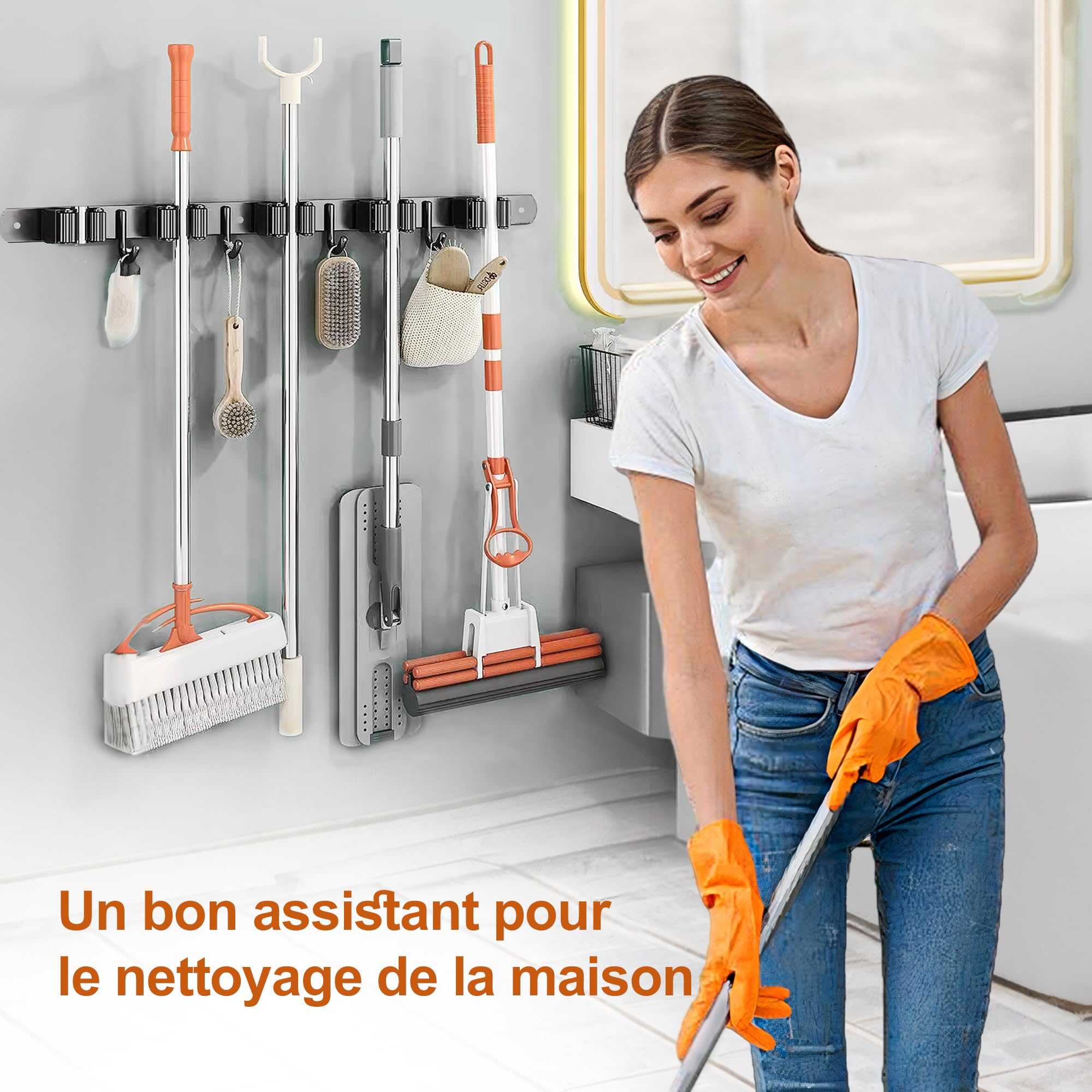 Accroche Balai Mural, Porte Balais Mural en Acier Inoxydable - 10 Supports + 8 Crochets, Support Balais Mural Sans Percer Noir, Utilisable en Cuisine, Salle de Bain, Jardin, Garage (2 Pièces)