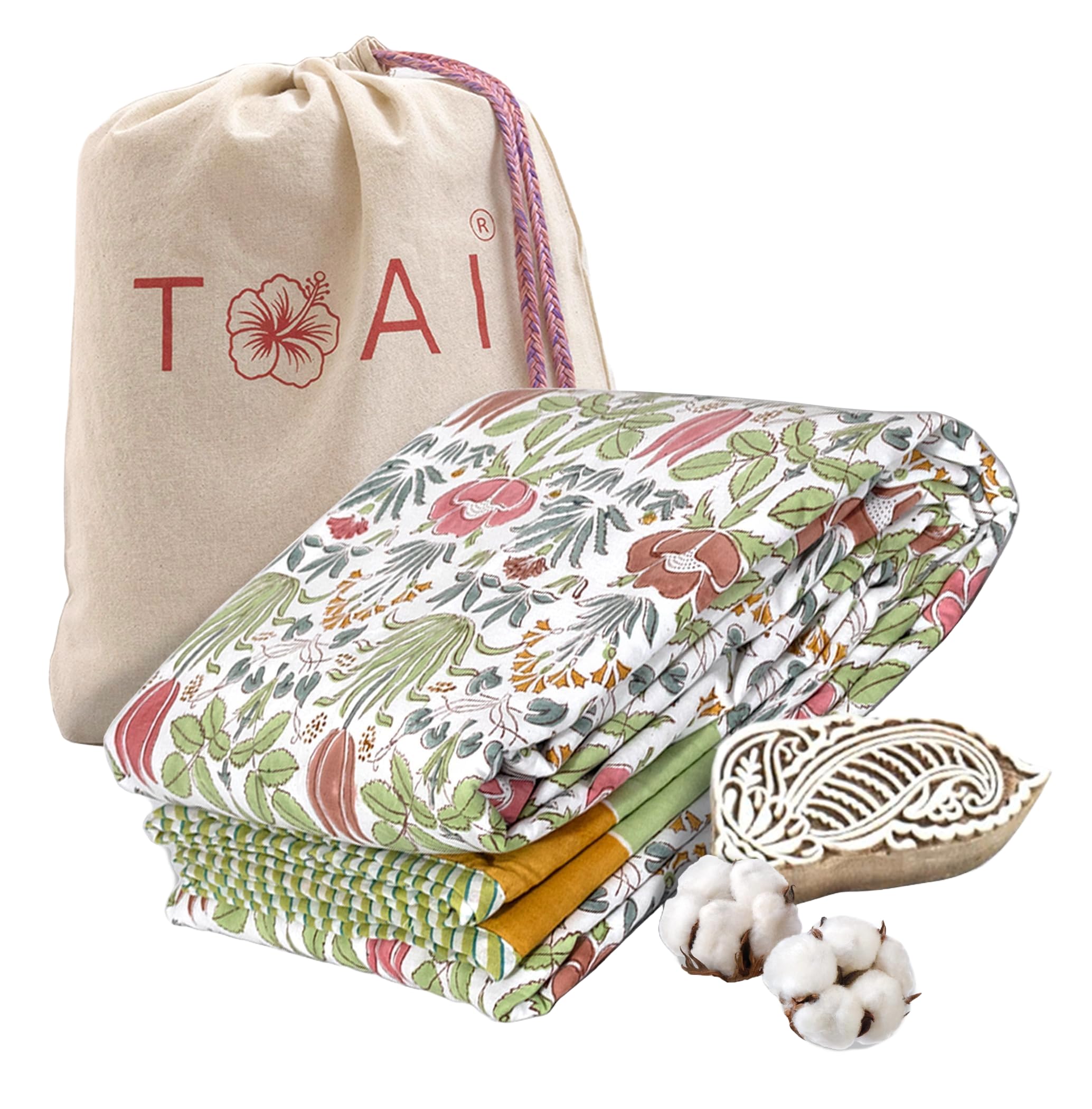 TOAI Art Jaipuri Dohar Quilt 500 TC For Summer Hand Block Printed 3 Layers Reversible 100% Mulmul Cotton Flannel Filling Single Size 60" X 90" Spring Floral (White Green Pink)-image-28