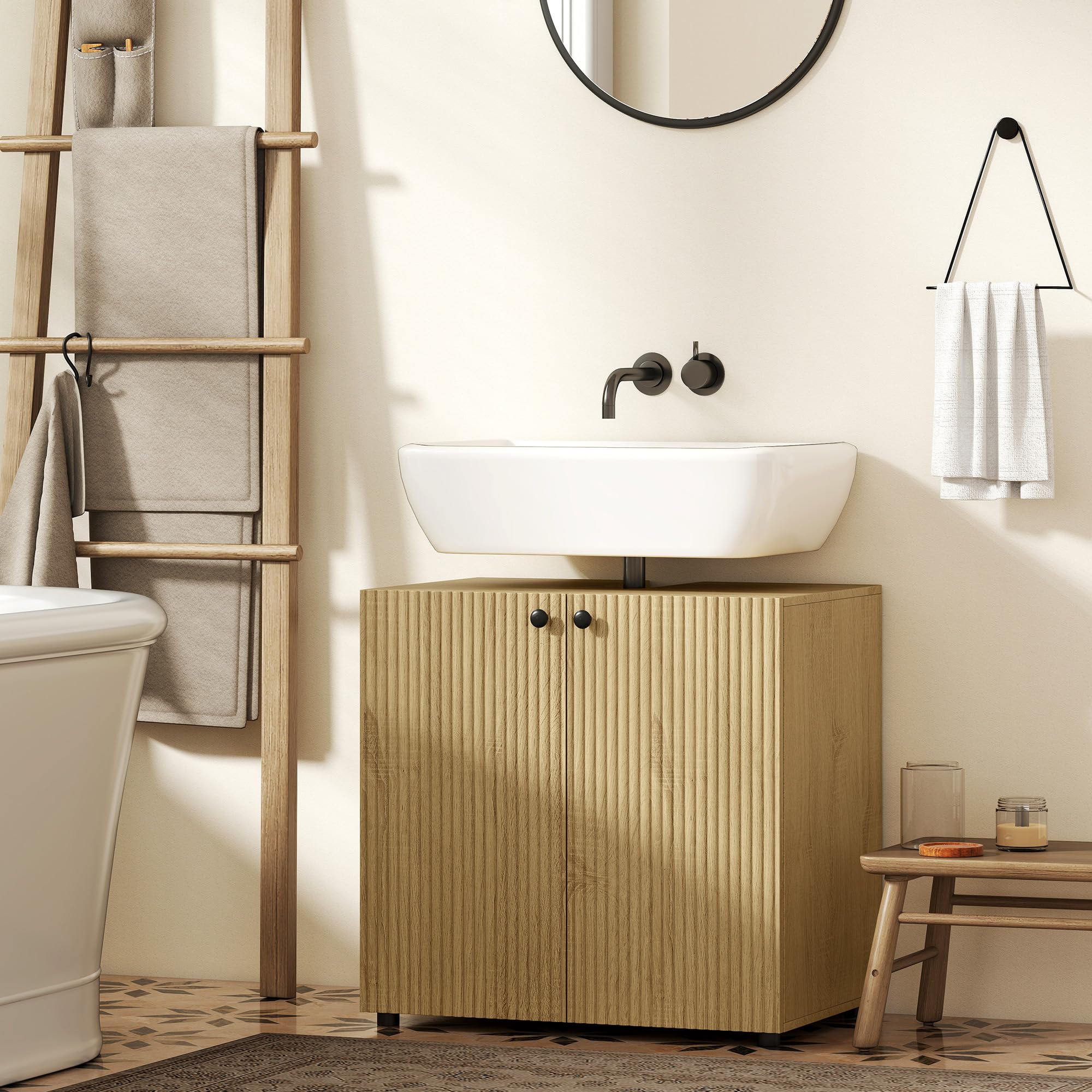 HOMCOM Mueble bajo Lavabo 2 Puertas 60x39,8x58,5cm Efecto Madera Natural | Cierre suave, estante ajustable, armario bajo lavabo para baño