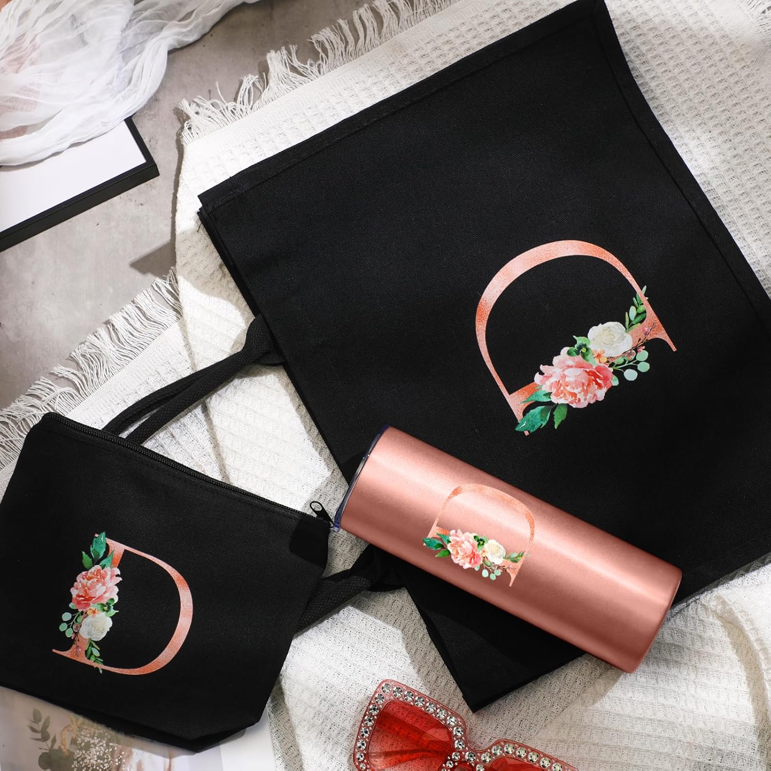 Huhumy Initial Canvas Tote Bag for Women Initial Gifts Makeup Bag Personalized Monogram Tumbler Mother Day Teacher Gifts