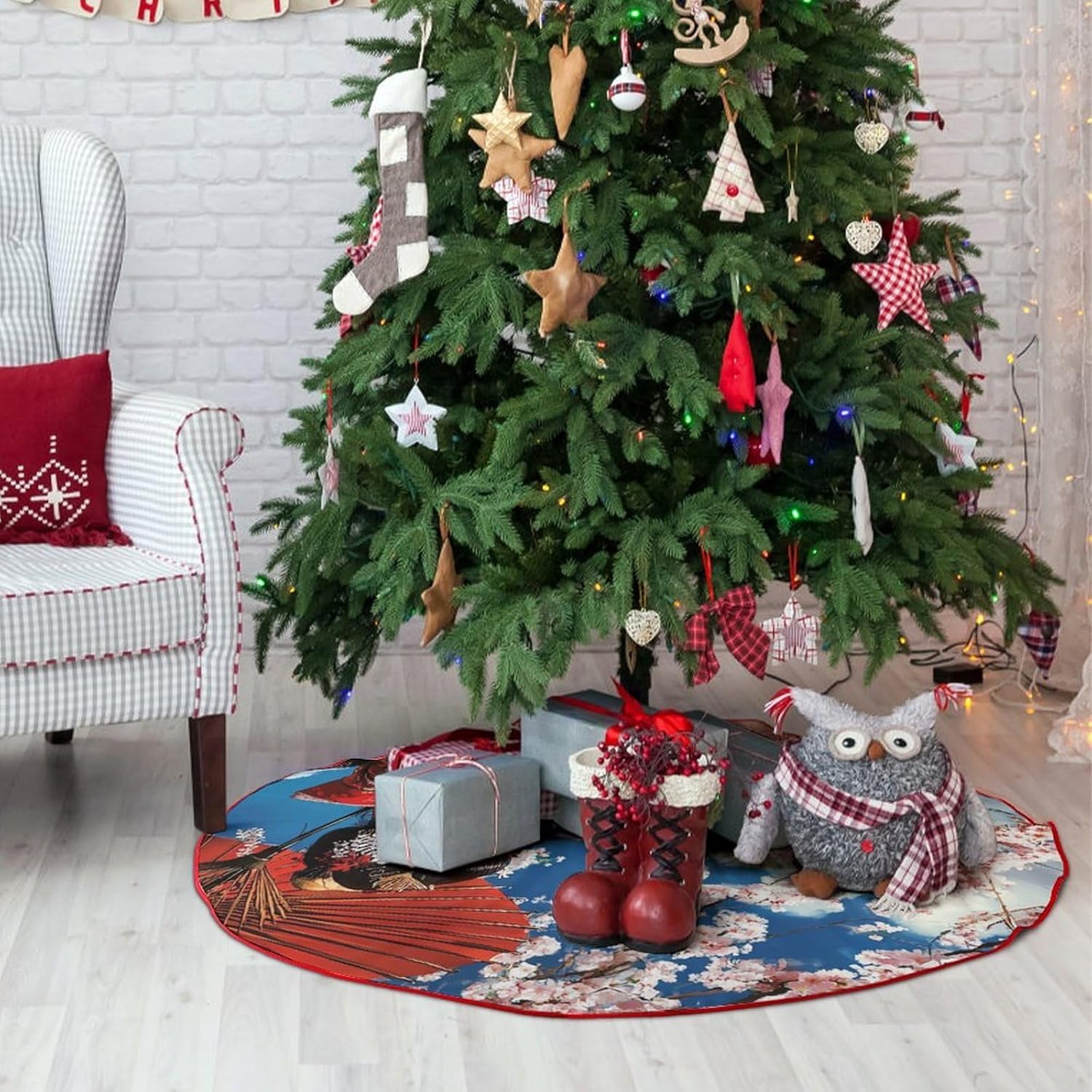 Japanese Kabuki Geisha Christmas Tree Skirt Ornaments Christmas Tree Mat for Home Party Holiday Decorations