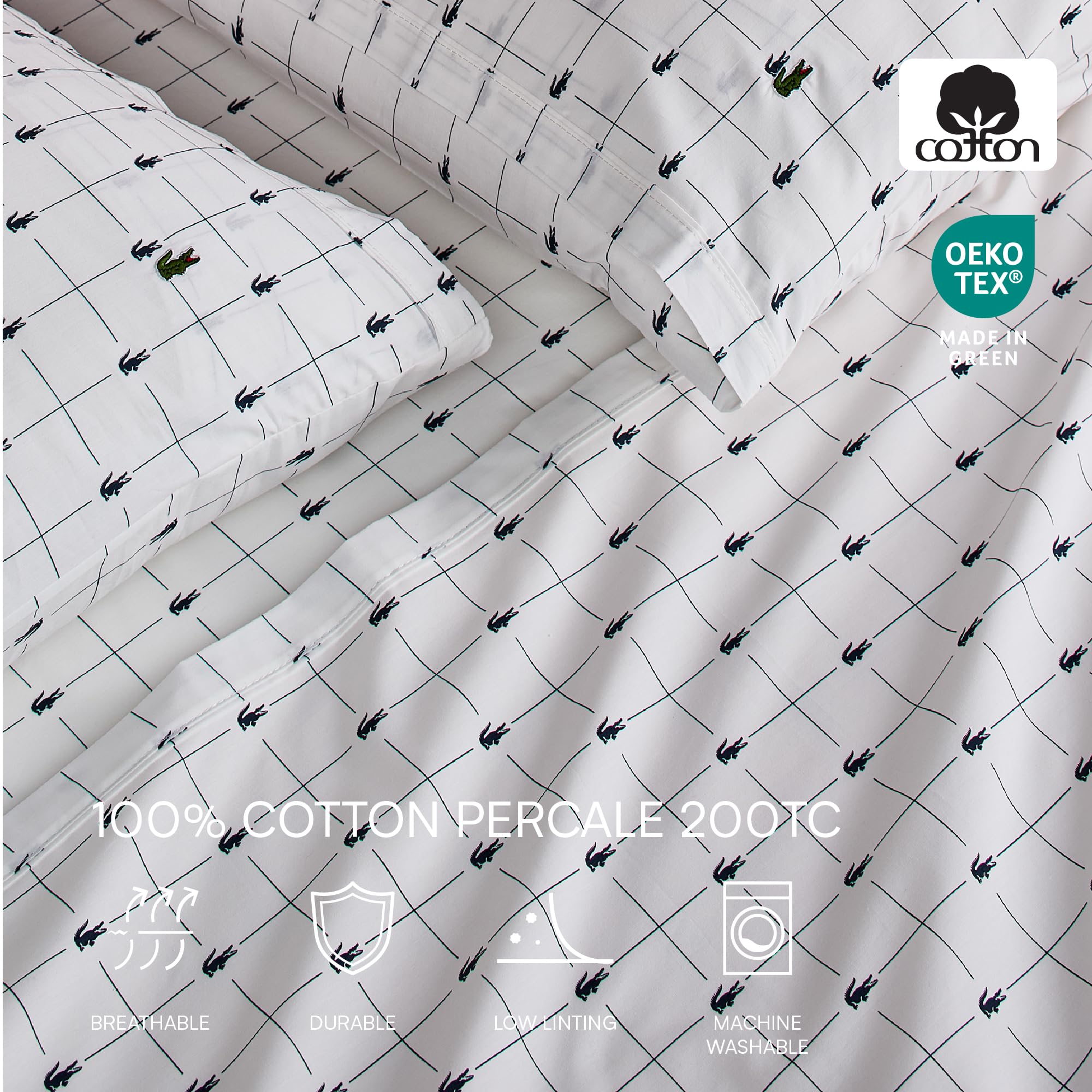 Lacoste Slice - Juego de sábanas de 4 Piezas de percal 100% algodón, Fresco, Fresco, Mate y Duradero, Certificado Oeko-Tex, Estampado, Azul Marino, tamaño Queen