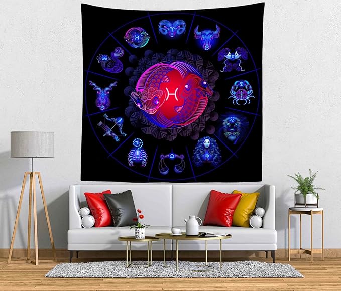 CORFOTO Fabric 60Wx60H Pisces Tapestry Wall Hanging Twelve Zodiac Signs Tapestries Wall Art for Bedroom Living Room College Dorm Home Decor