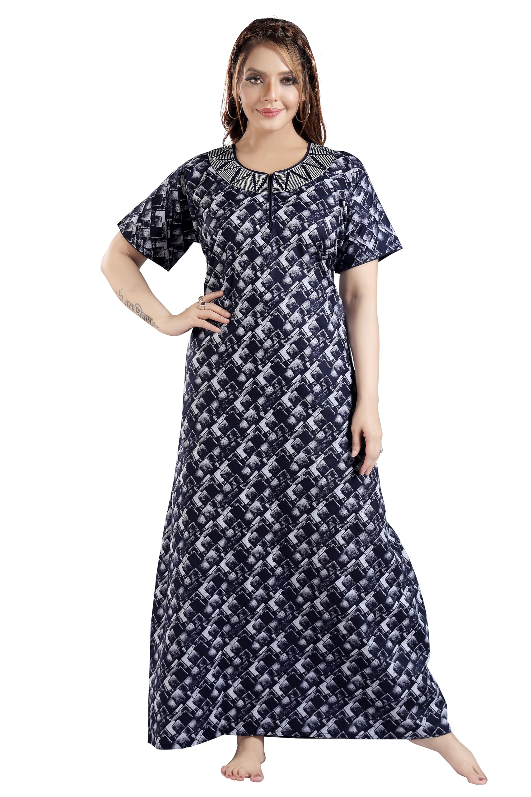 life-tale Women's Denim Print Cotton Nighty/Night Gown/Maxi-picture-27