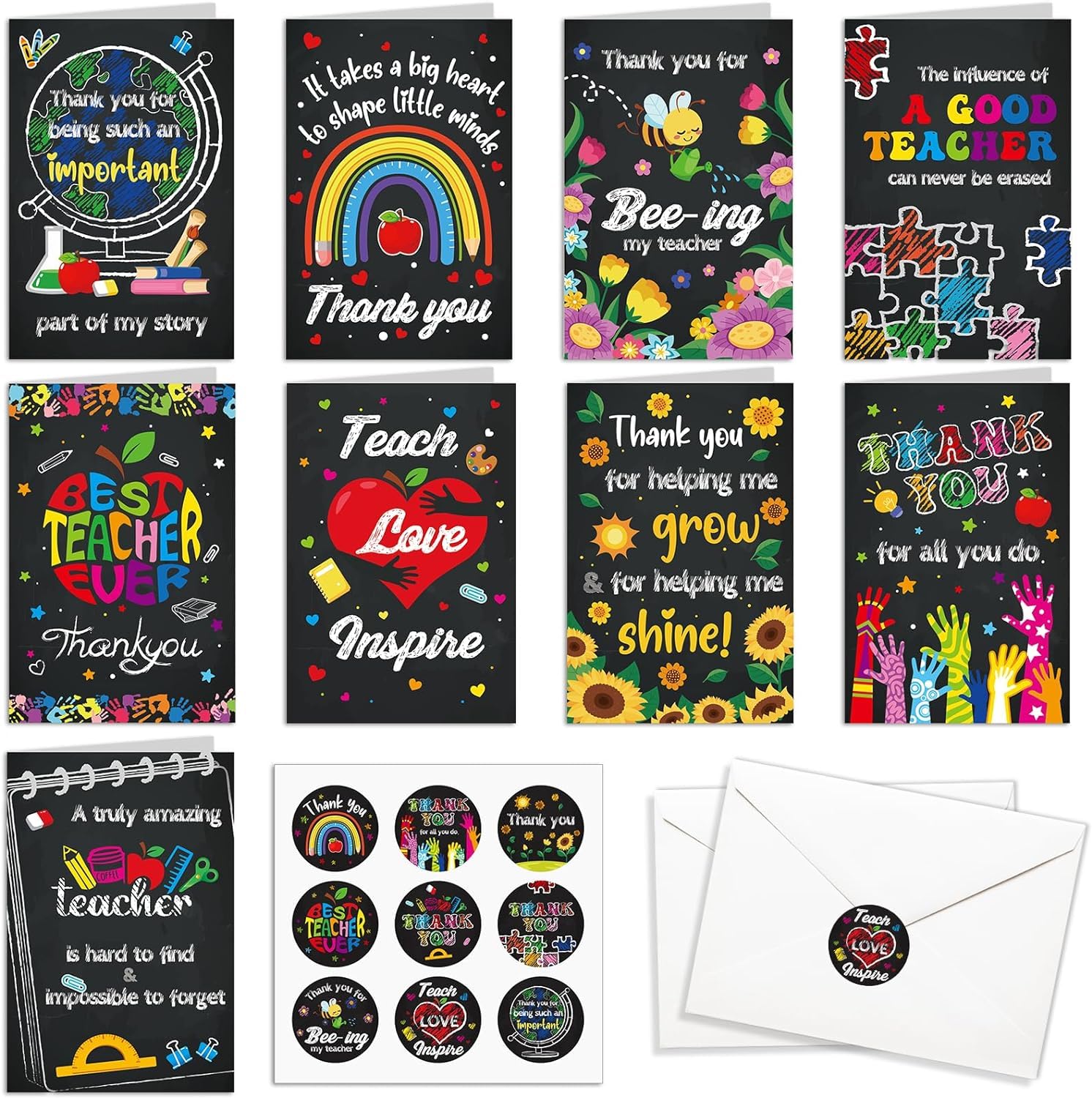 DPKOW Thank You Teacher Cards Multipack, Best Teacher Cards Thank You Teacher Greeting Cards with Envelopes