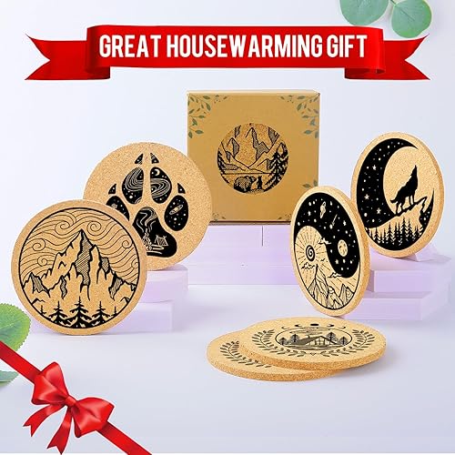 Miniatura 7 de Juego de 6 posavasos para bebidas con soporte, posavasos de corcho de montaña de madera absorbente para tazas, escritorio, mesa de oficina, cocina,