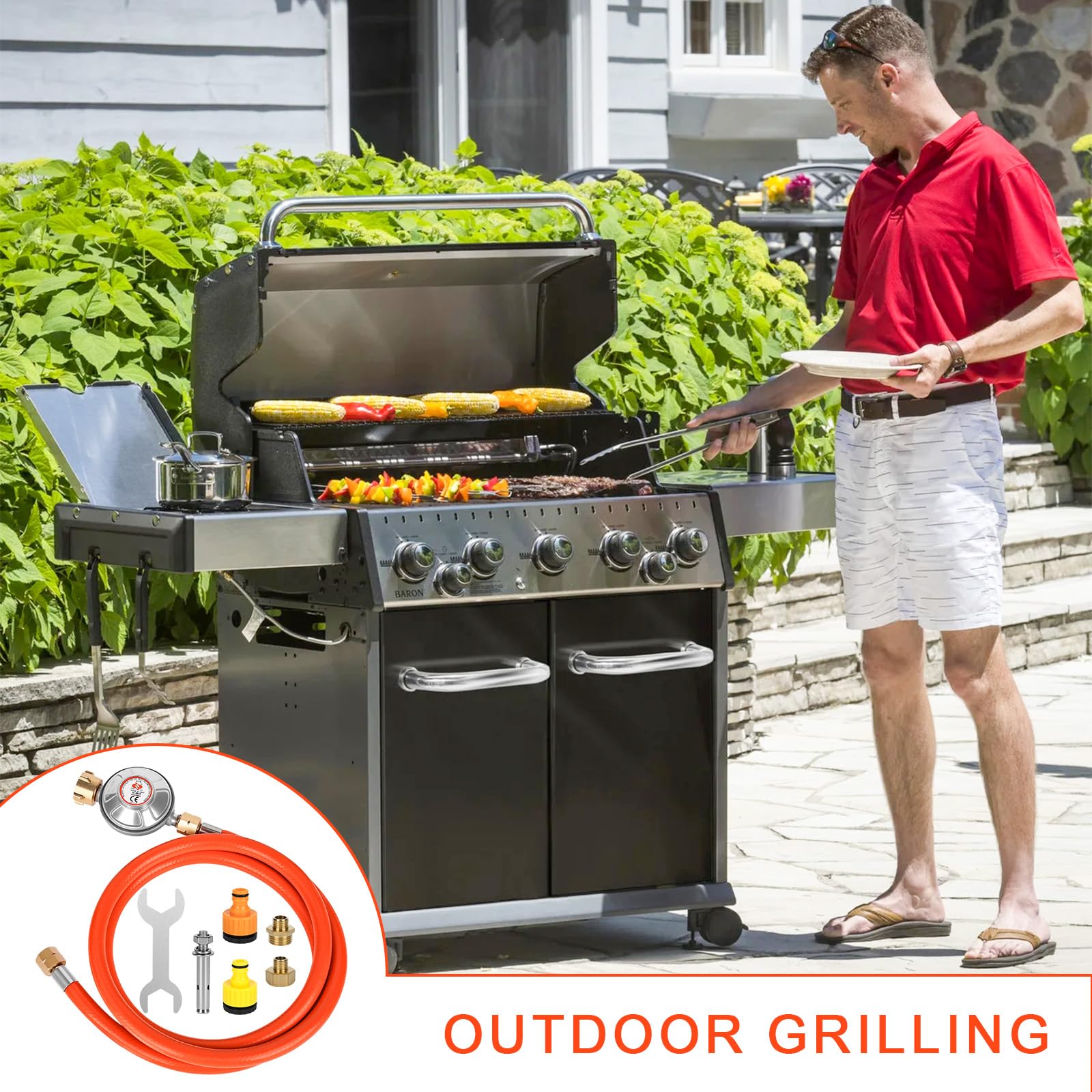 Regulador de Presión de Gas Rzspher 50 mbar, Manguera de Gas de 150 cm, Rosca Macho LH -19 de 1/4 Pulgada, Regulador de Presión de Gas de Baja Presión para Barbacoas a Gas para Camping, Picnics