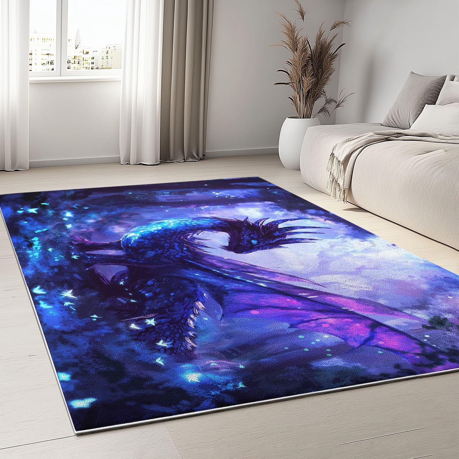 Teppich Wohnzimmer Fantasy Kunst, Drache Im Fantasy Kunststil Waschbar rutschfest Weich Kurzflor Teppich, Vintage Teppich für Wohnzimmer, Schlafzimmer, Esszimmer, 120x170cm