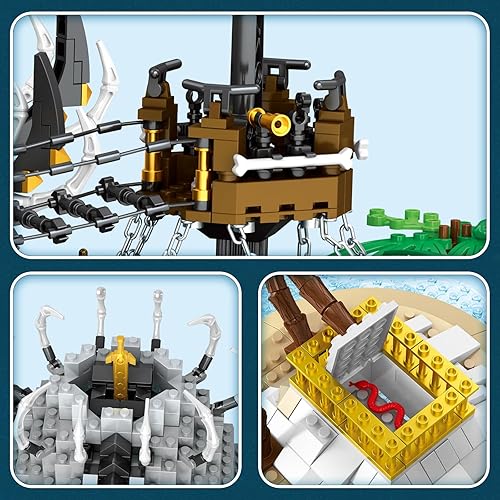 Miniatura 4 de Beberlu Kit de bloques de construcción de isla pirata, calavera caribeña medieval europea, juego de construcción de castillo para adultos, diseño de